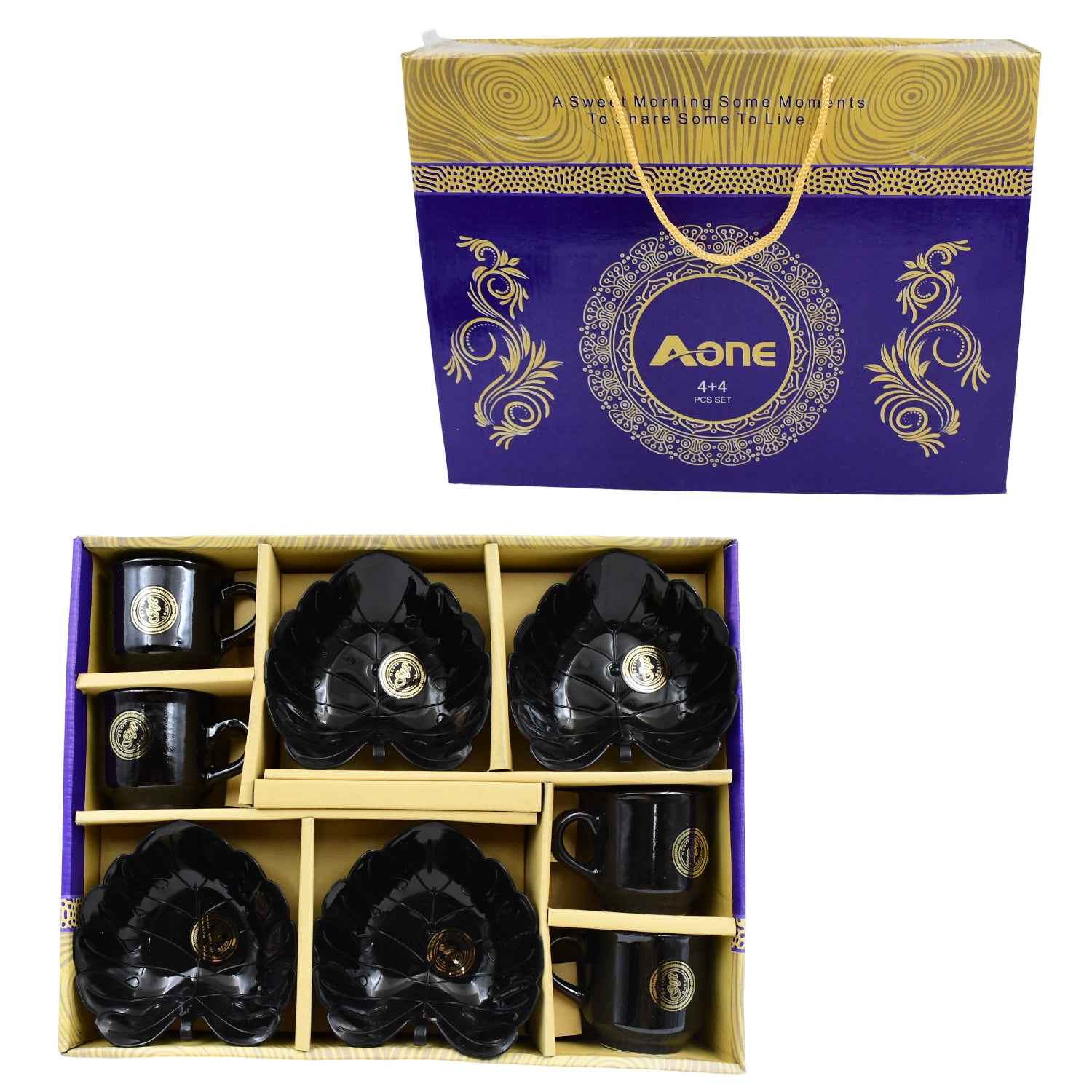 A One Ceramic Tea Cups Mug Set With Leaf Shape Serving Bowl (8 Pcs Set)