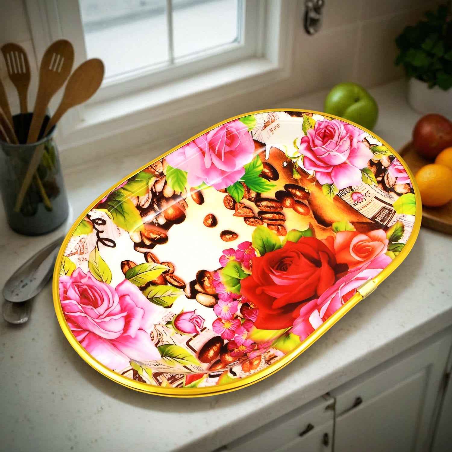 Plastic Flower Printed Design Serving Tray (3 Pcs Set Mix Color)