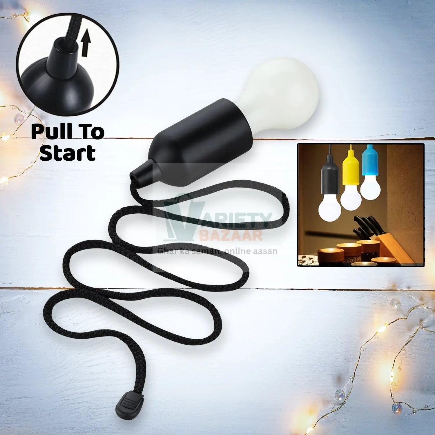 LED Pull Cord Light – Hanging Black LED Bulb (1 Pc) Variety Bazaar