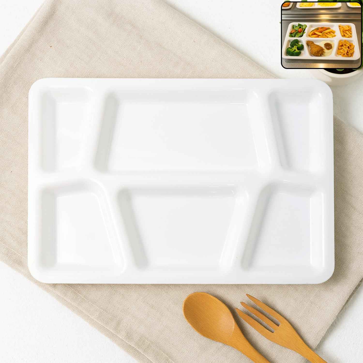 Plastic Multi-compartment Rectangular Meal Serving Tray Plate (1 Pc White)