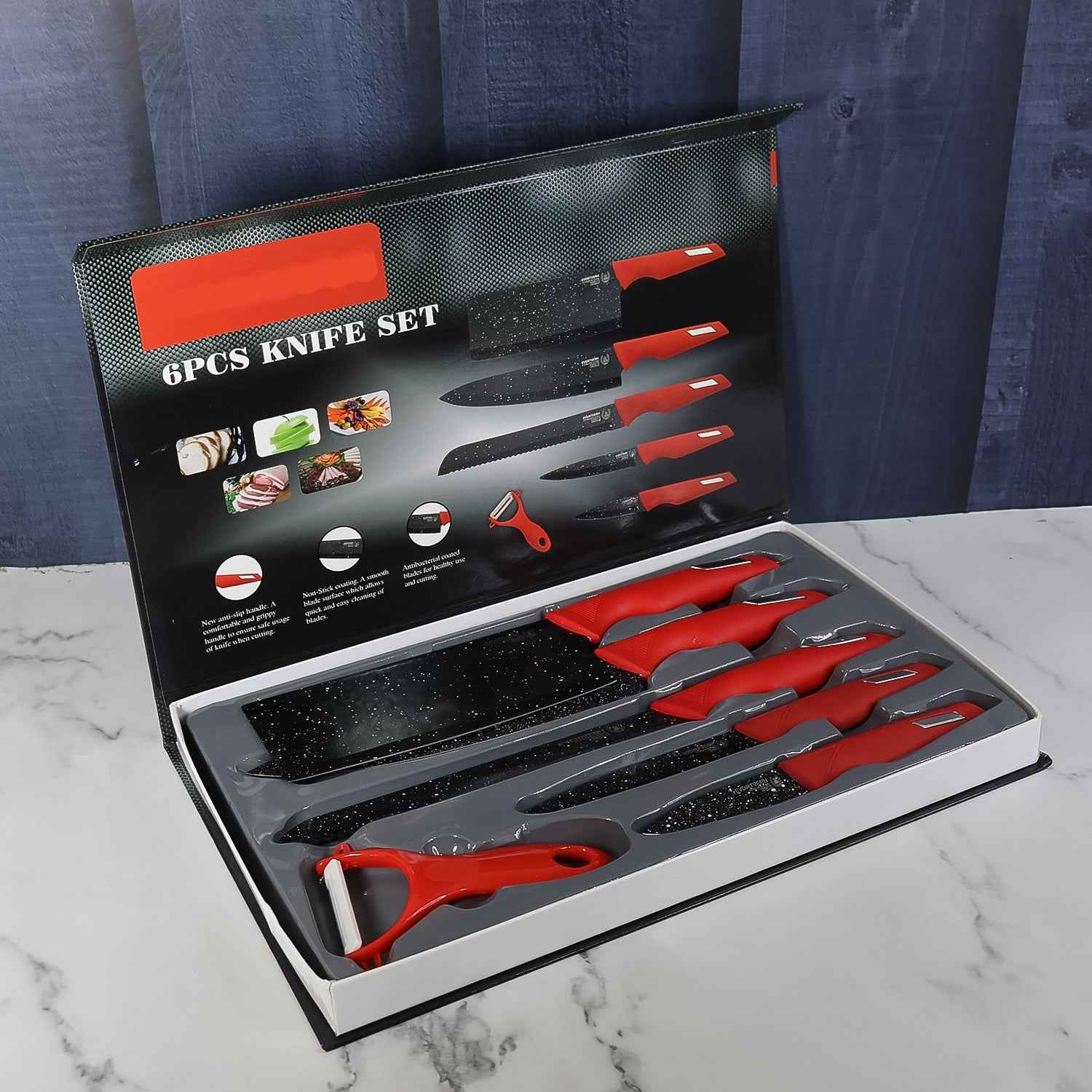 Kitchen Knife Set With Marble-coated Blades Red Handles (6 Pc)