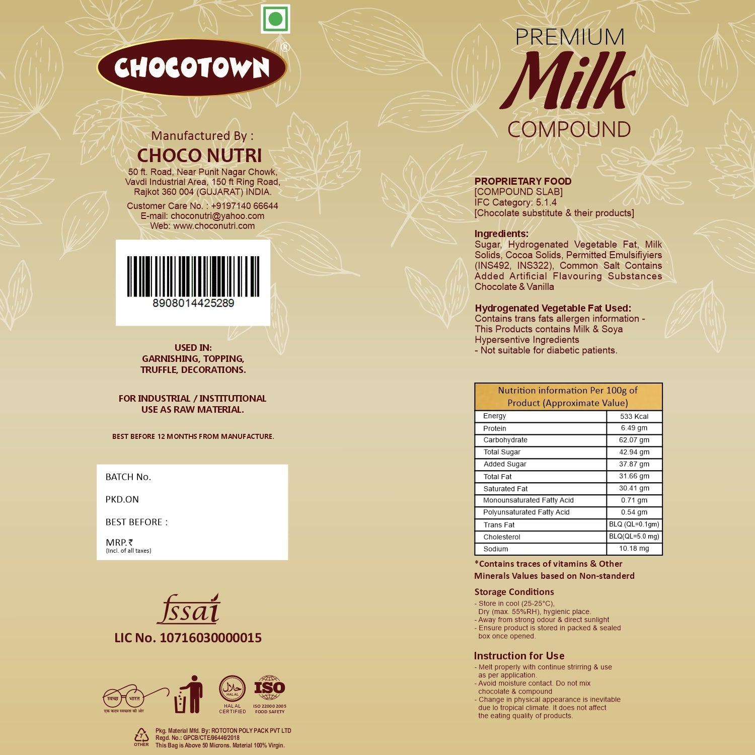 Chocotown Premium Milk Compound Slab (500 gm) travel sahayak