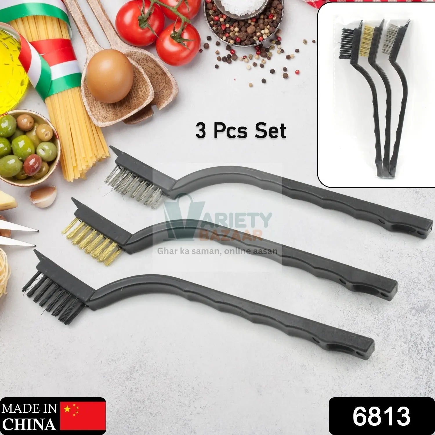 Mini Wire Brush Set Brass Nylon Stainless Steel Bristles Household Cleaning Brush for Gas Stove, Smoke Machine Tool Burner Tiles Tap Rust Removal Welding Slag Dirt & Paint Scrubbing (3 Pcs Set) Variety Bazaar