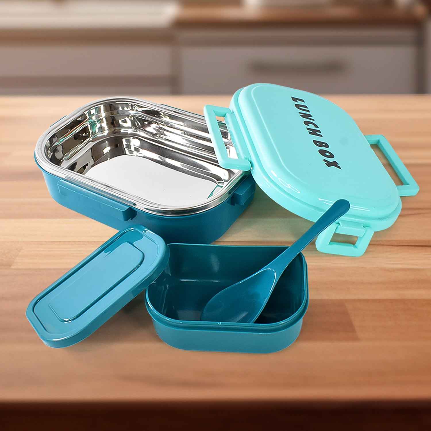 3 In 1 Spicy Bite Stainless Steel Lunch Box With Plastic Small Box Spoon (1 Set)