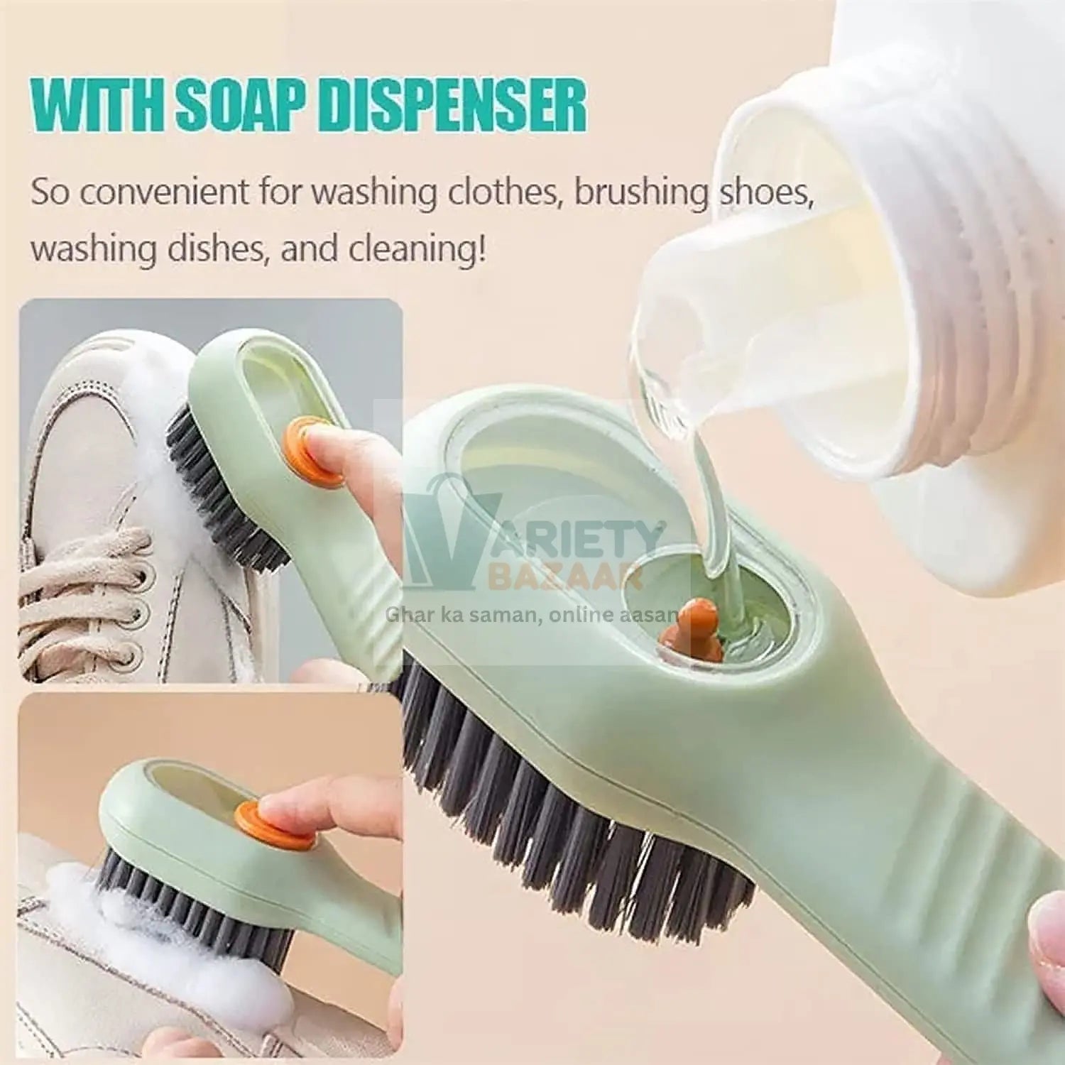 Multifunctional Scrubbing Brush with Liquid / Soap Dispenser, Cleaning Brush with Liquid / Soap Dispenser, Shoe Brush for Cleaning, Cloth Cleaning Brush with Handle Liquid Shoe Brush For Shoe Clothes (1 Pc) Variety Bazaar