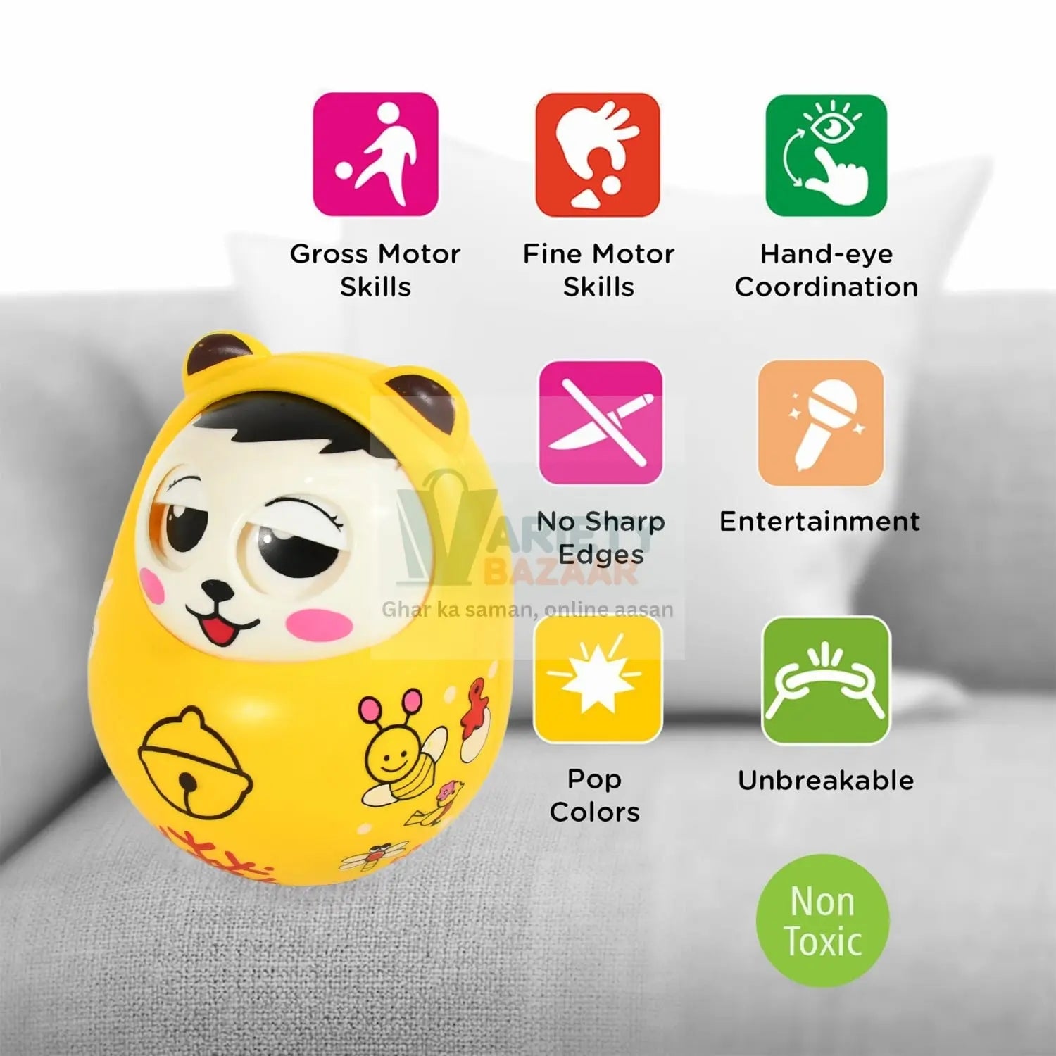 Musical Roly Poly Toys for Baby | Push and Shake Wobbling Toy with Music | Tumbler Doll Toy for Babies | Sound Balancing Doll Toys for Baby Boys, Girls 8+ Months Multicolor (1 Pc) Variety Bazaar