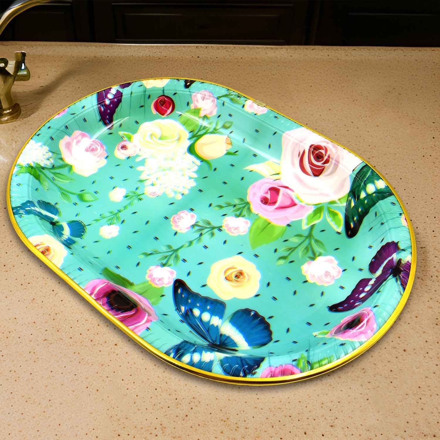 Plastic Flower Printed Design Serving Tray (3 Pcs Set Mix Color)