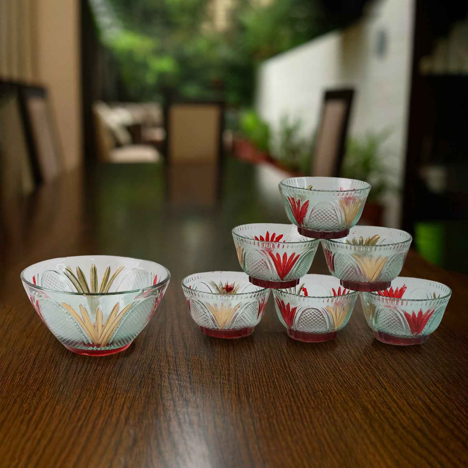 8234 Rose Glass Multipurpose Pudding Dessert Ice Cream Bowl Set For Home Use Home Kitchen Serving Bowl For Sundae Sweets Snacks Fruit Pudding Nuts Or Dip Serving Bowls 6 Medium 1 Big Bowl (Set Of 7 Pc)