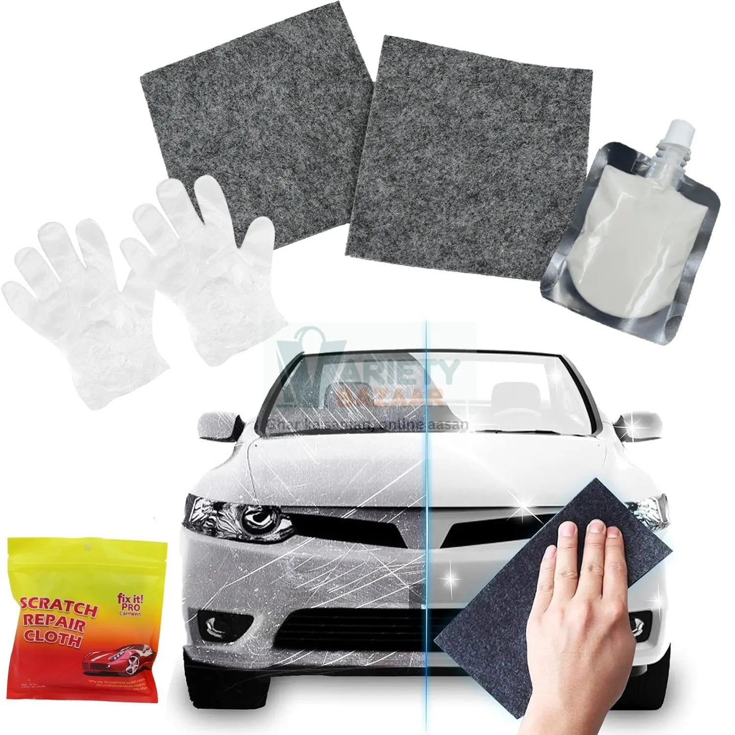 Nano Magic Car Scratch Remover Cloth, Multipurpose Scratch Repair Cloth, Cloth for Car Paint Scratch Repair, Easy to Repair Slight Scratches on the Surface Polishing Repeatable Use for All Kinds of Car (45 ML Repair Solution, 2 Gloves, 2 nano Cloth) Variety Bazaar
