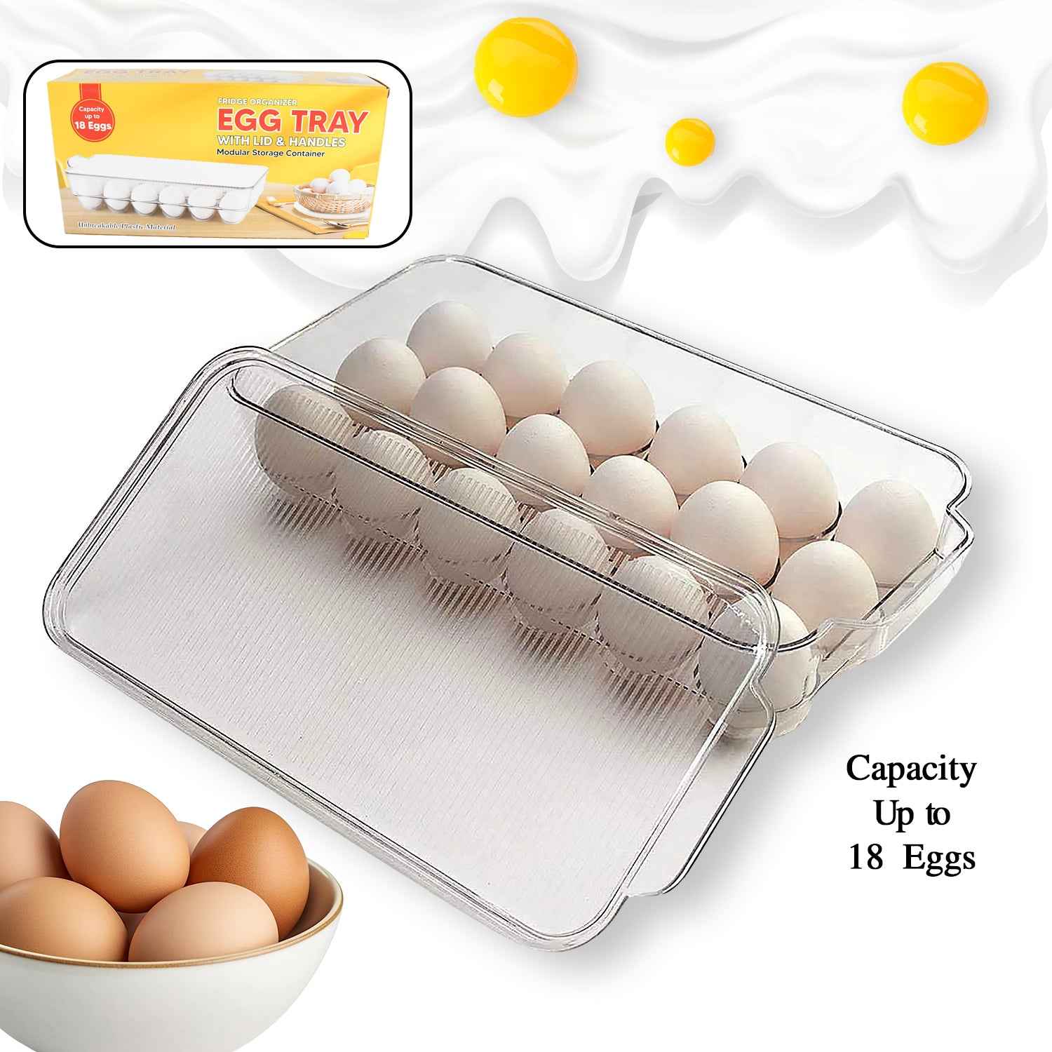 Plastic 18 Cavity Egg Storage Box Or Egg Trays For Refrigerator With Lid Handles High Quality Rectangular Egg Tray Box For 18 Egg (1 Pc)
