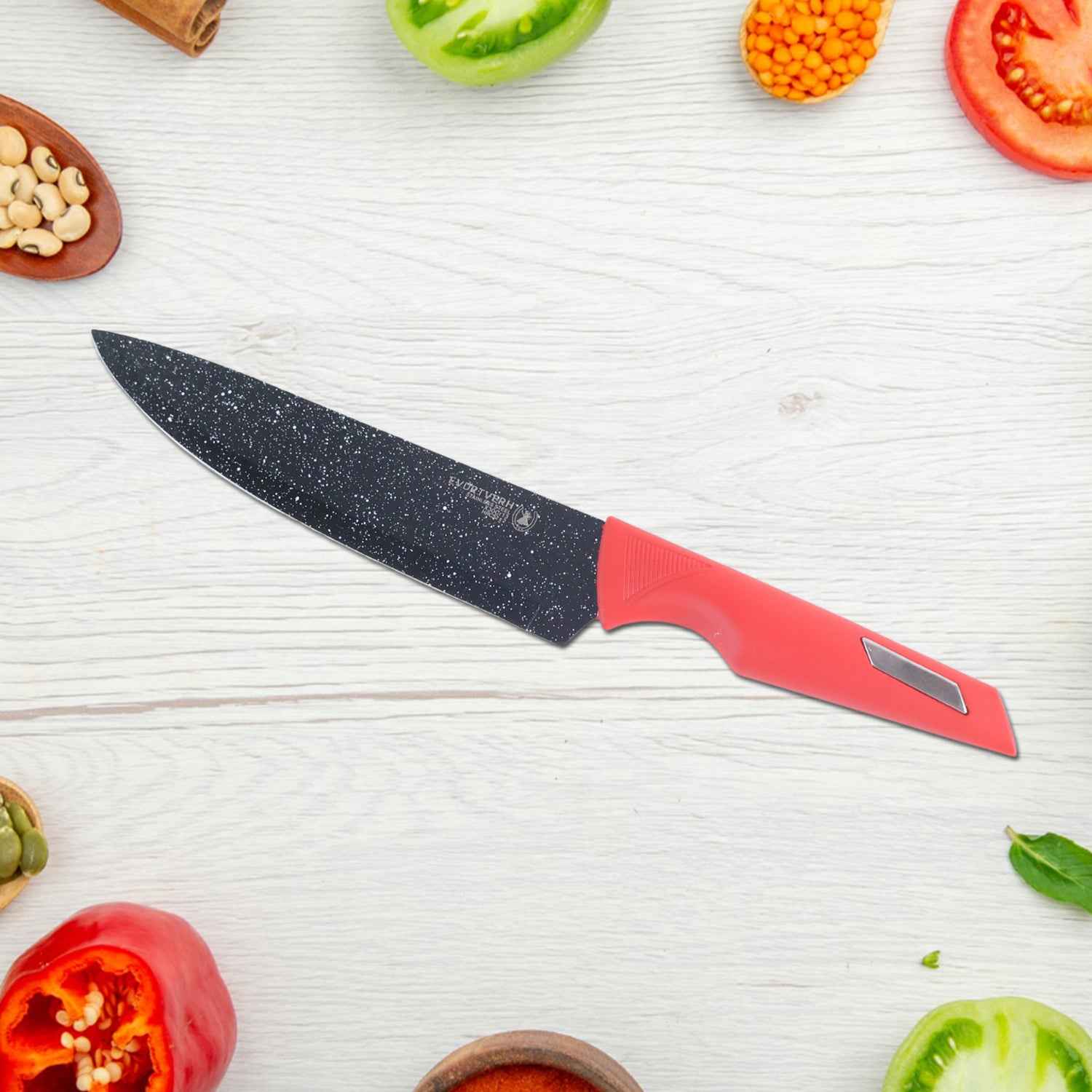 Kitchen Knife Set With Marble-coated Blades Red Handles (6 Pc)