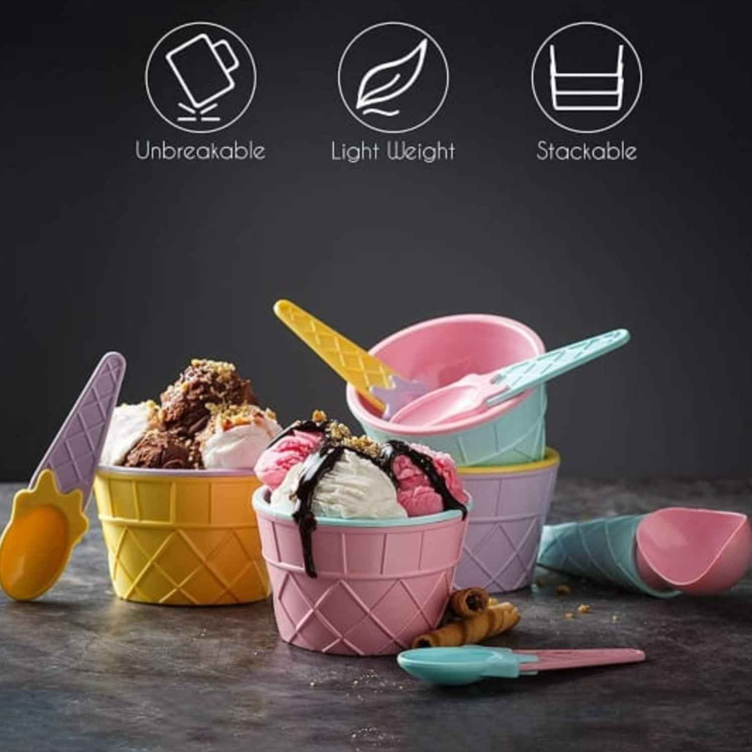 5322 Ice-cream Waffle Spoon Bowel Cup Set Premium Ice Cream Set Ice-cream Bowel With Spoon 6 Units Couple Bowl Set Color Box