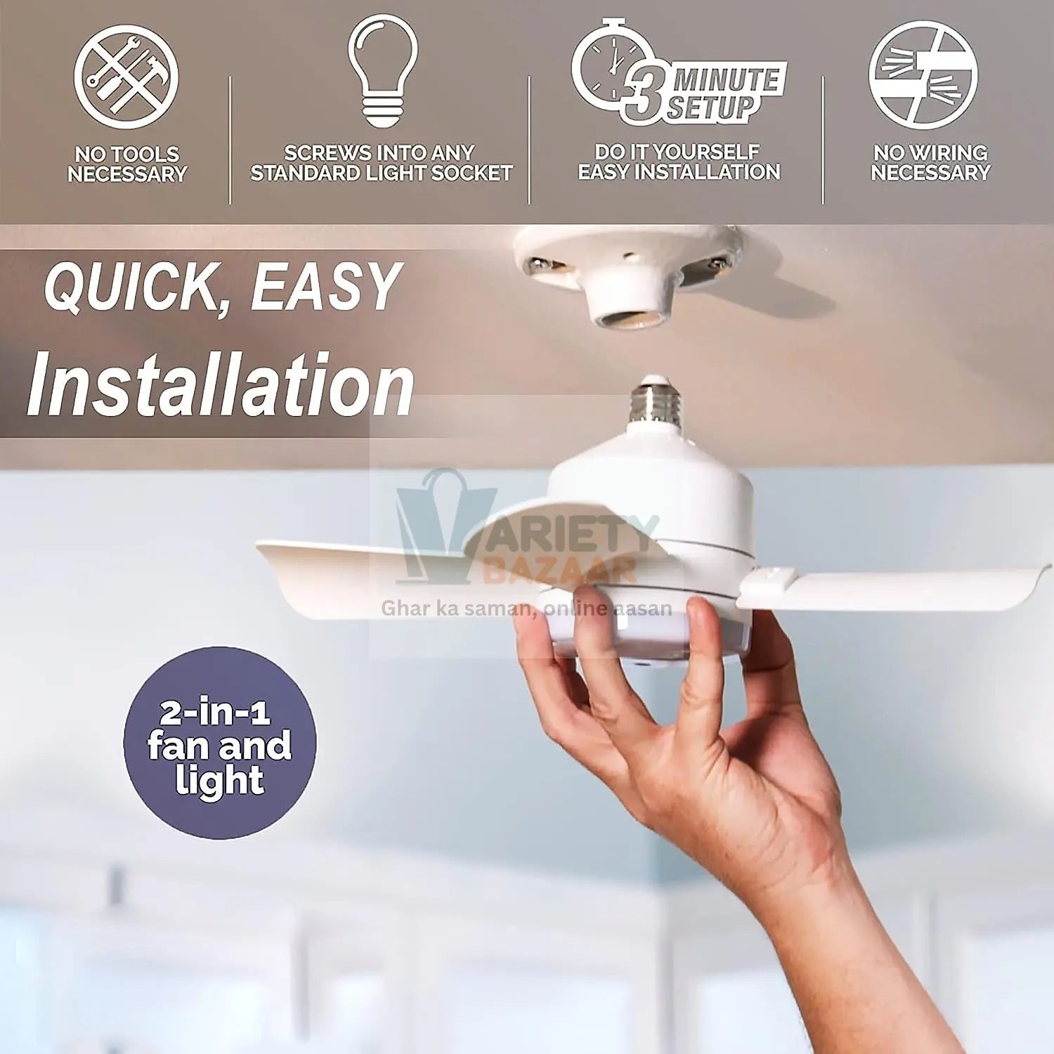 Original Cool LED Socket Fan Light – Ceiling Fan Replacement, 1000 Lumens/5000K, Remote Controlled (Remote Battery Not Included) Variety Bazaar