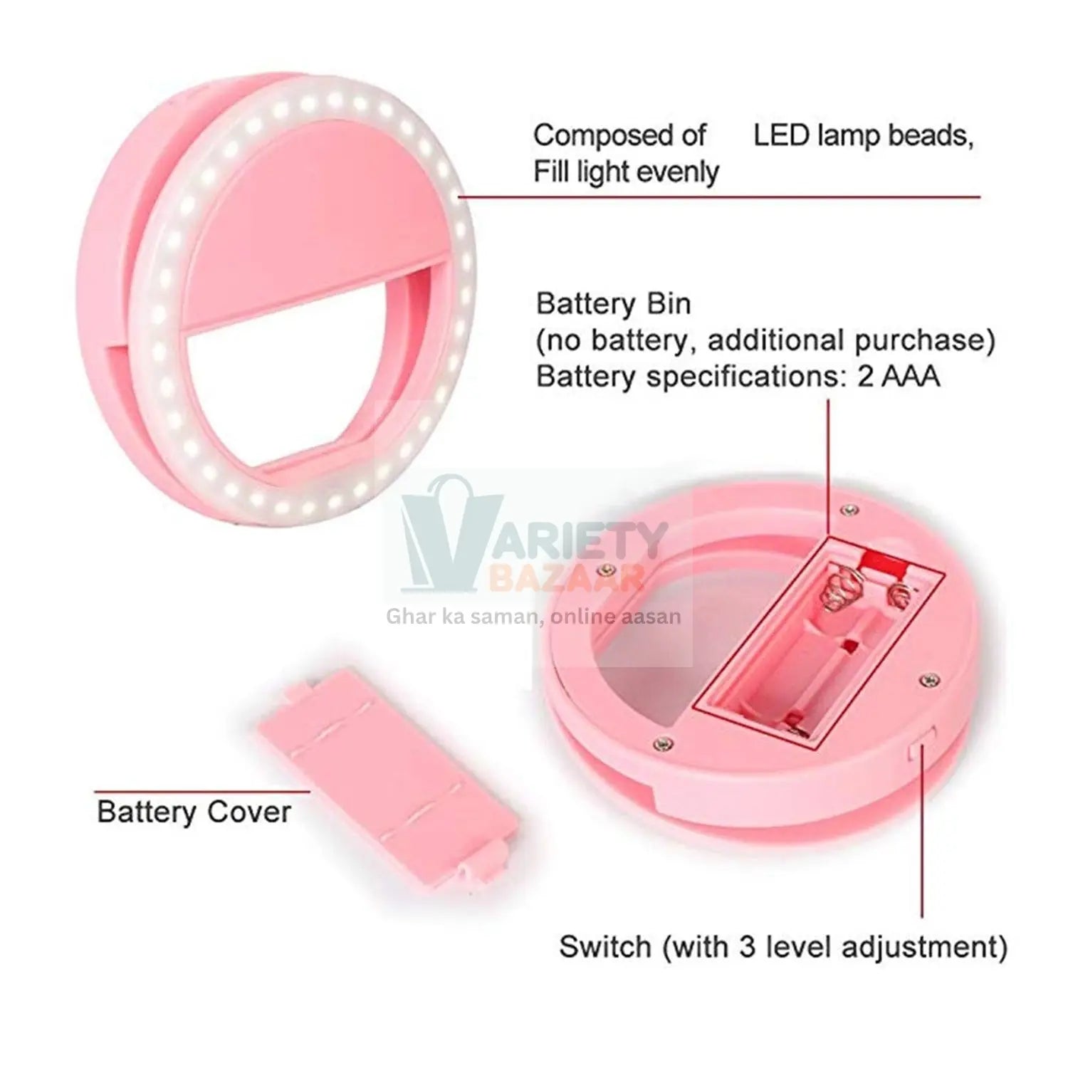 Phone Selfie Ring Light – Battery Operated Clip-On Light for Smartphone Photography (Battery Not Included) Variety Bazaar