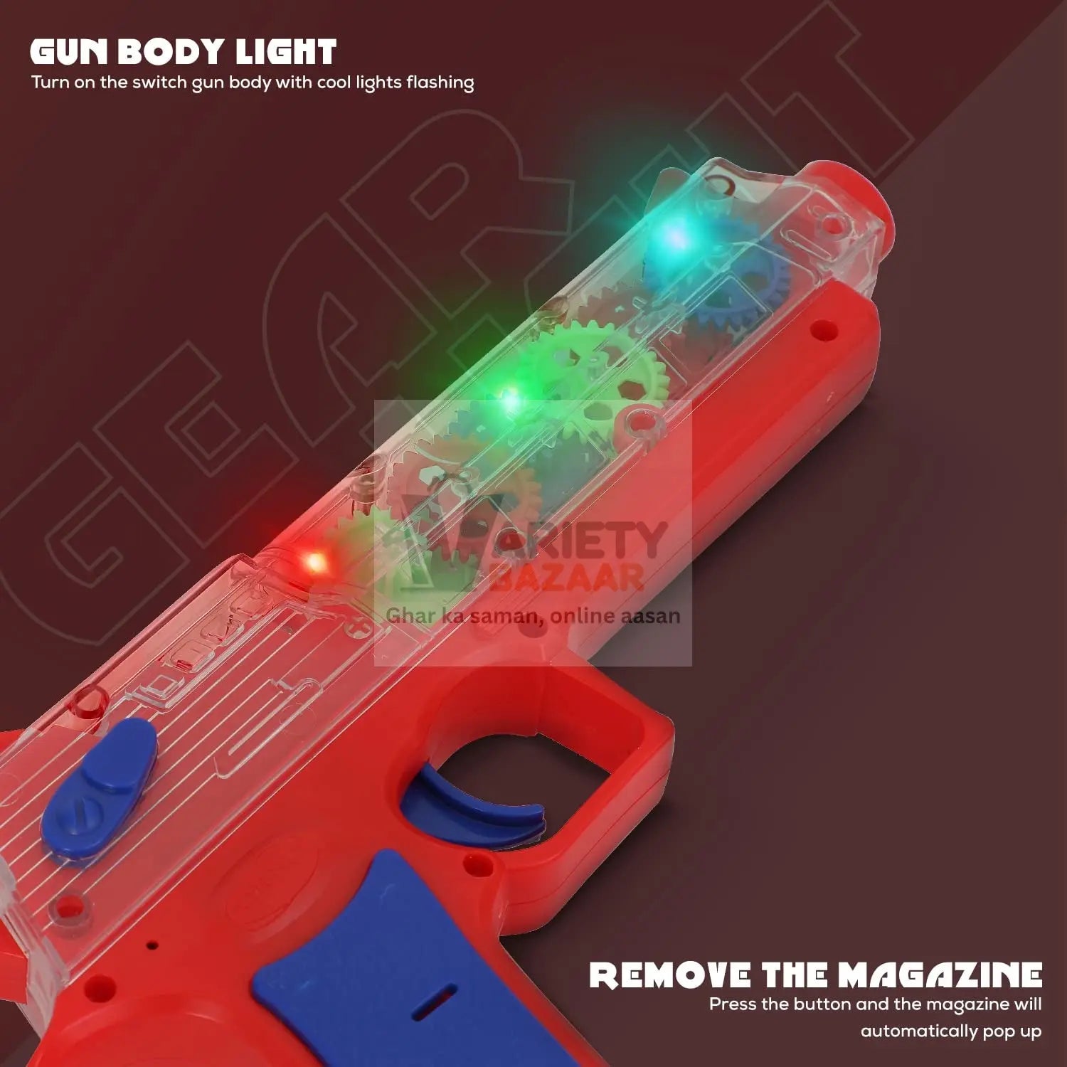 Plastic Gear Simulation Laser Toy Gun – 3D Lights, Music & Rotating Gear (1 Pc, 3+ Years) Variety Bazaar