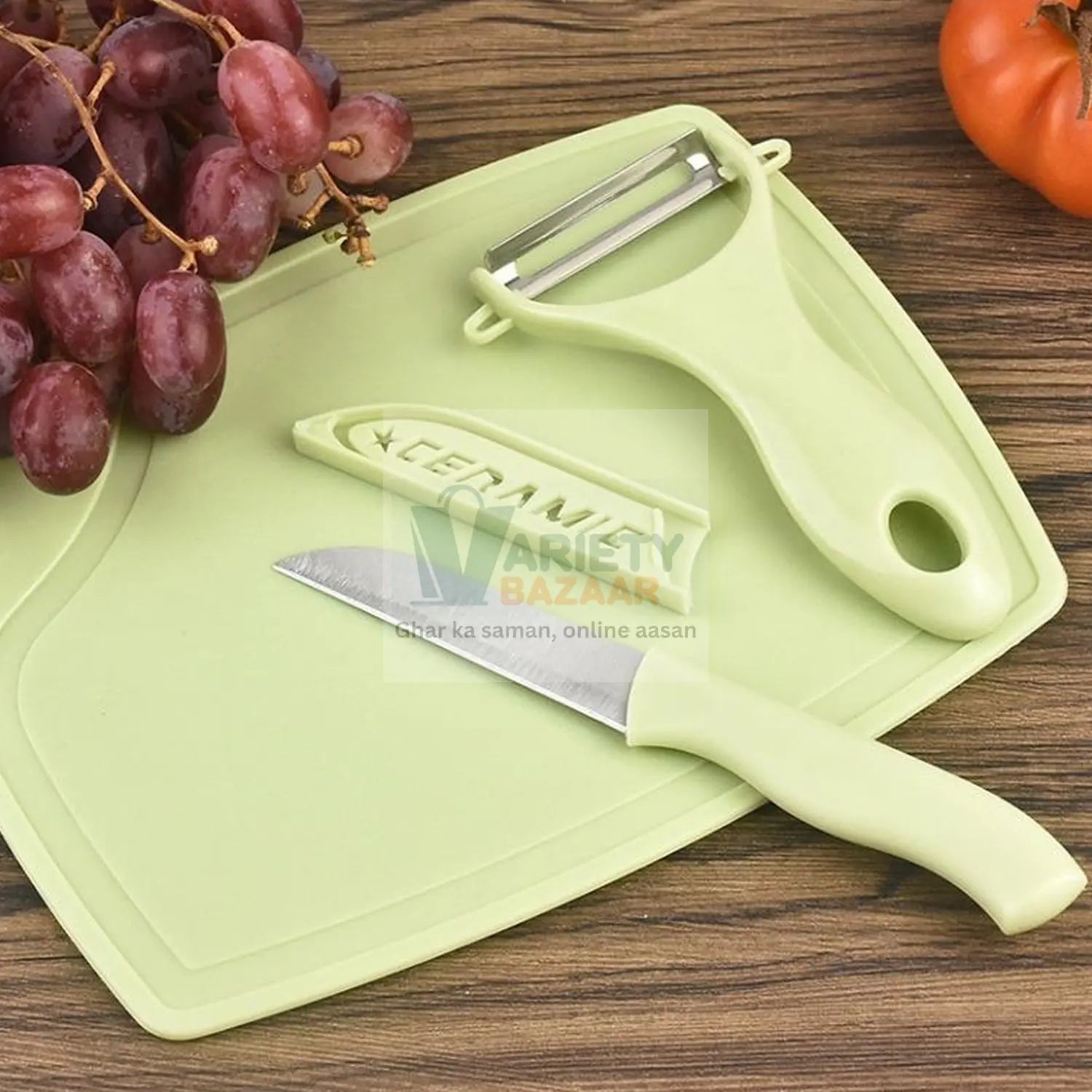 Plastic Kitchen Peeler - Green & Classic Stainless Steel 3-Piece Knife Set Combo Variety Bazaar