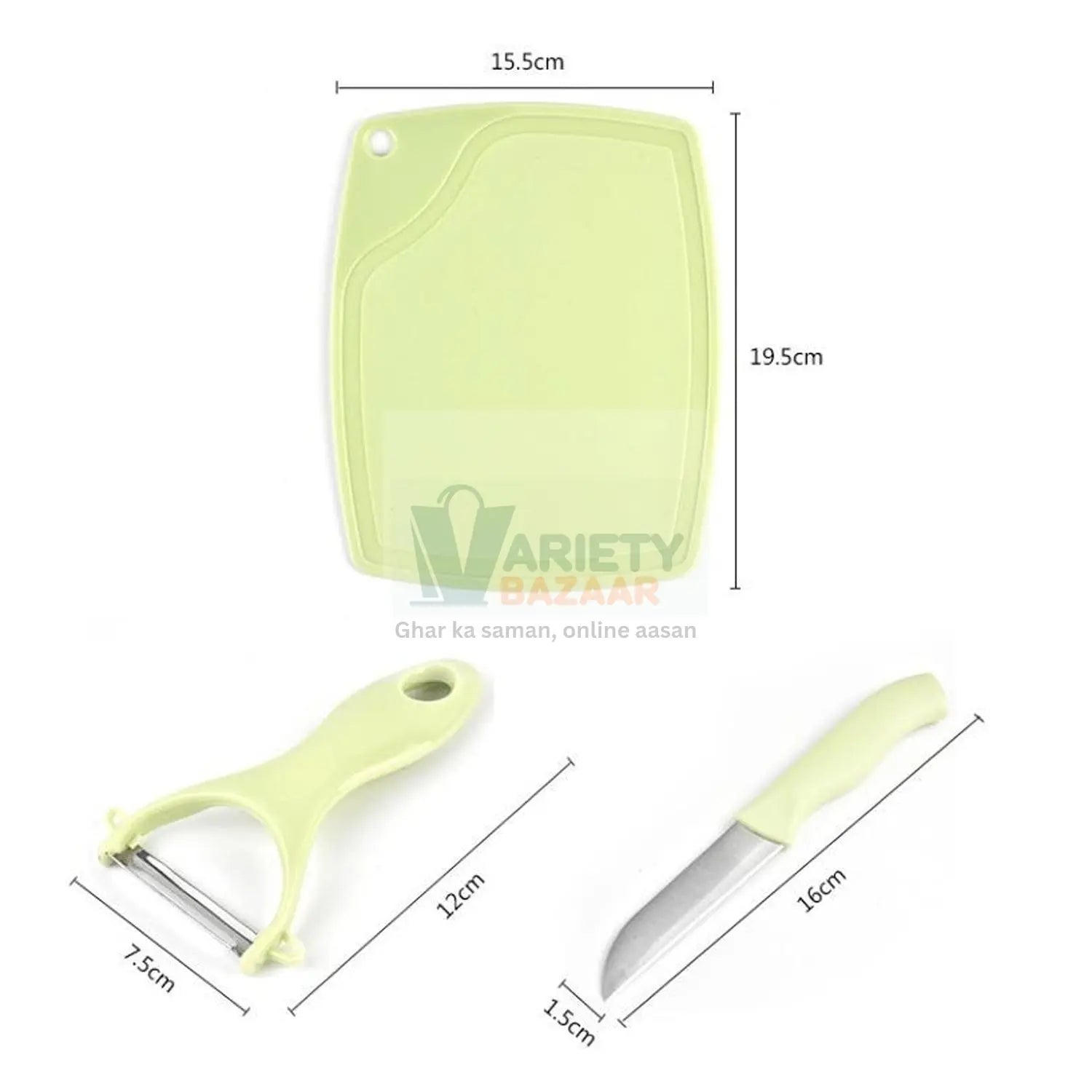Plastic Kitchen Peeler - Green & Classic Stainless Steel 3-Piece Knife Set Combo Variety Bazaar
