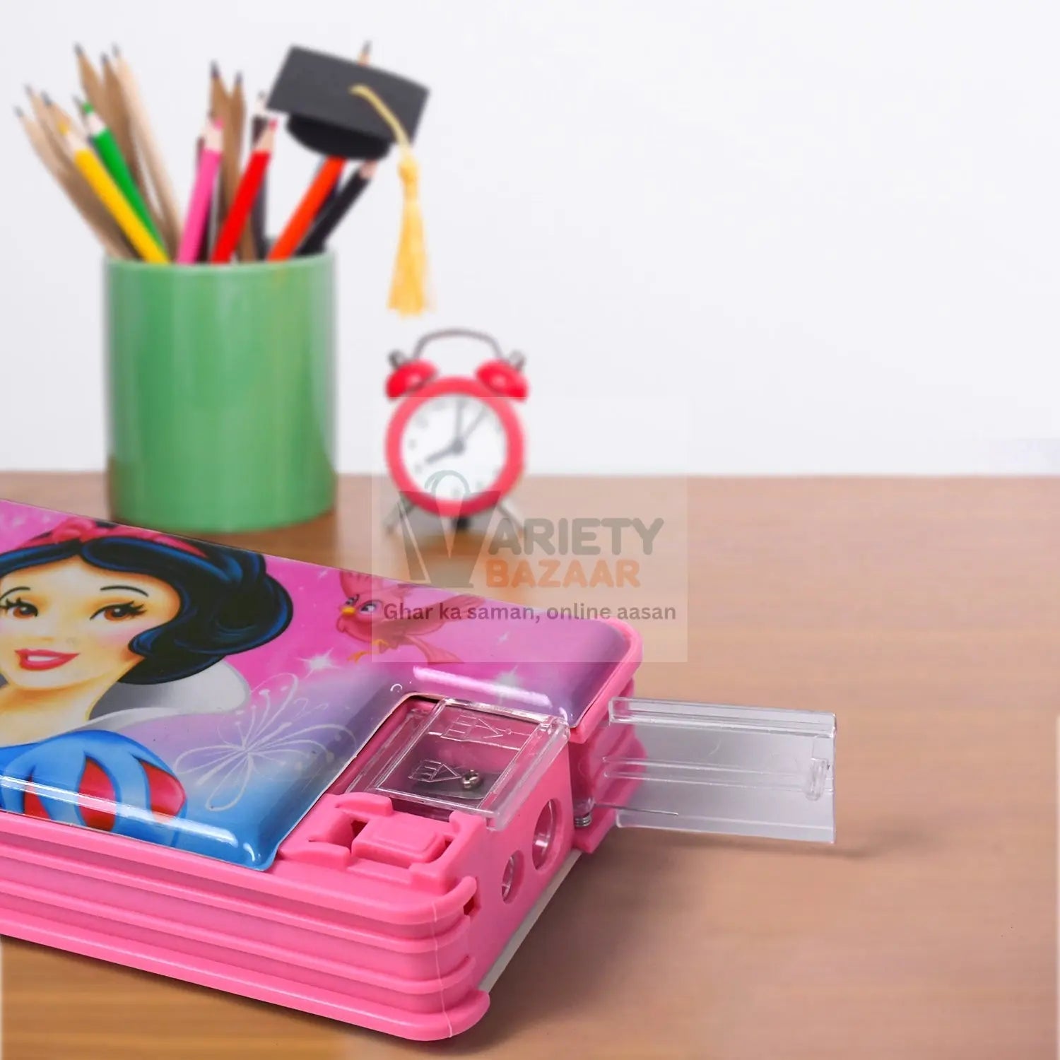 Plastic Multipurpose Compass Box – Double Deck Pencil Case with 2 Compartments & Cartoon Organizer (1 Pc, Mix Design) Variety Bazaar