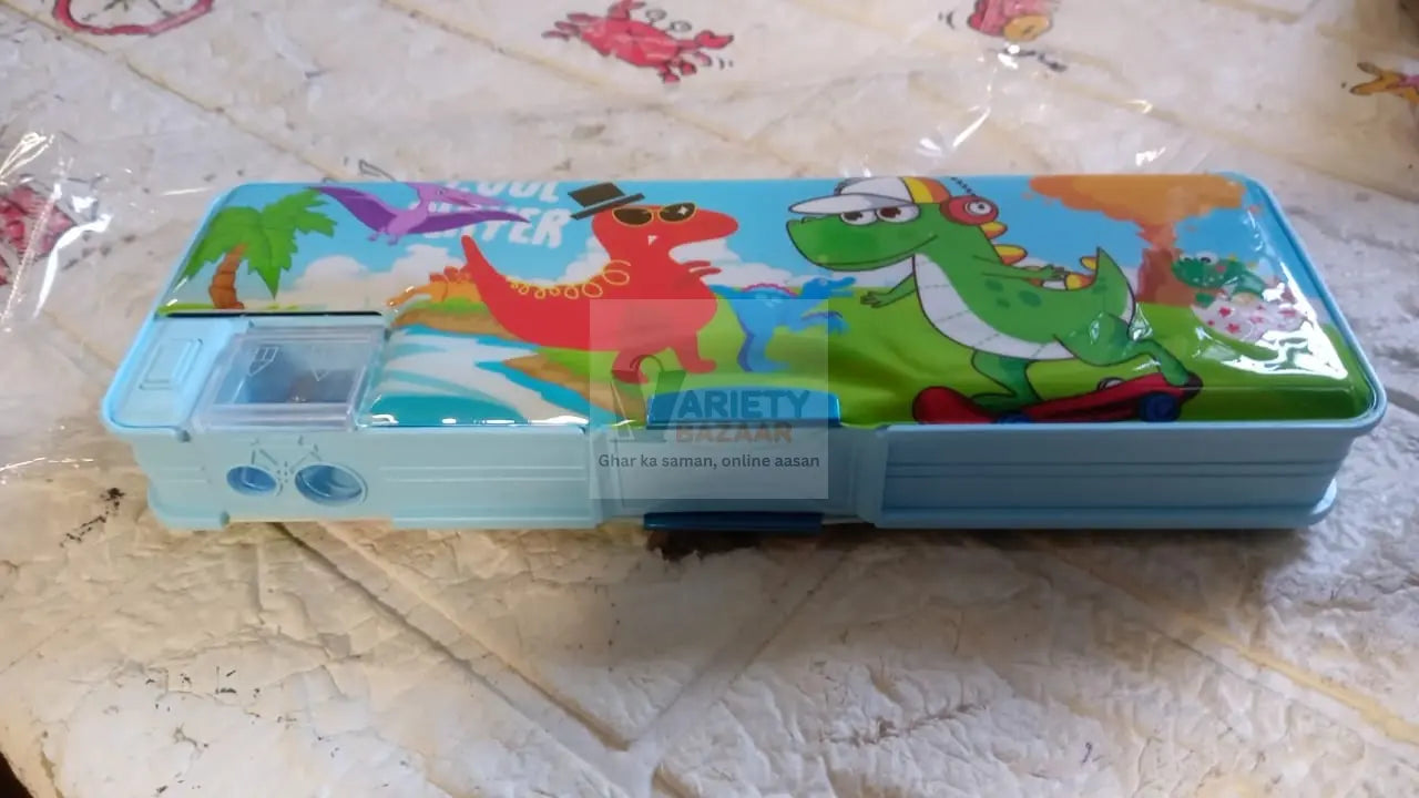 Plastic Multipurpose Compass Box – Double Deck Pencil Case with 2 Compartments & Cartoon Organizer (1 Pc, Mix Design) Variety Bazaar