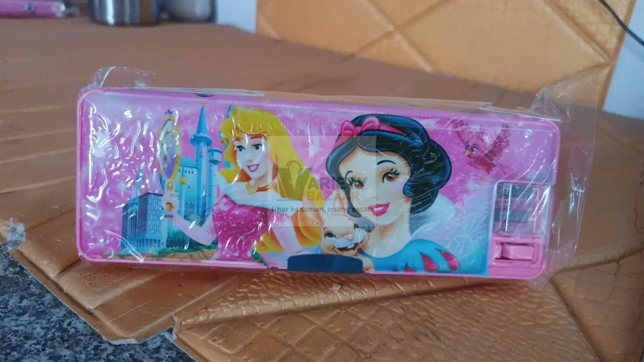 Plastic Multipurpose Compass Box – Double Deck Pencil Case with 2 Compartments & Cartoon Organizer (1 Pc, Mix Design) Variety Bazaar