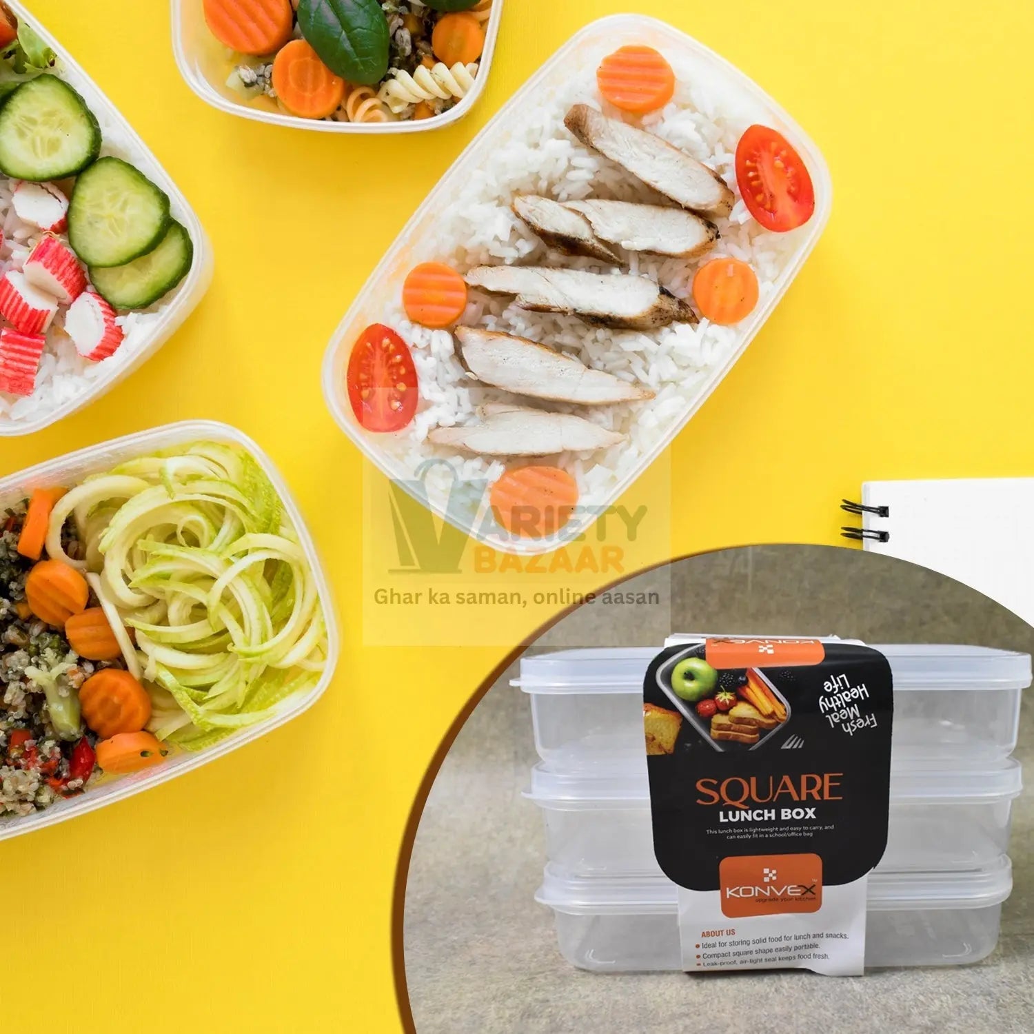 Plastic Square Lunch Box, Kitchen Containers Set (3 Pcs Set) Variety Bazaar