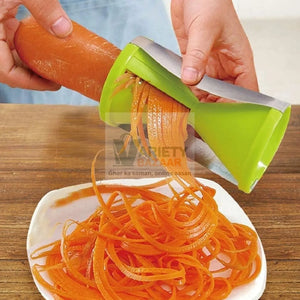 Handheld spiralizer with stainless steel blades for slicing vegetables and fruits.