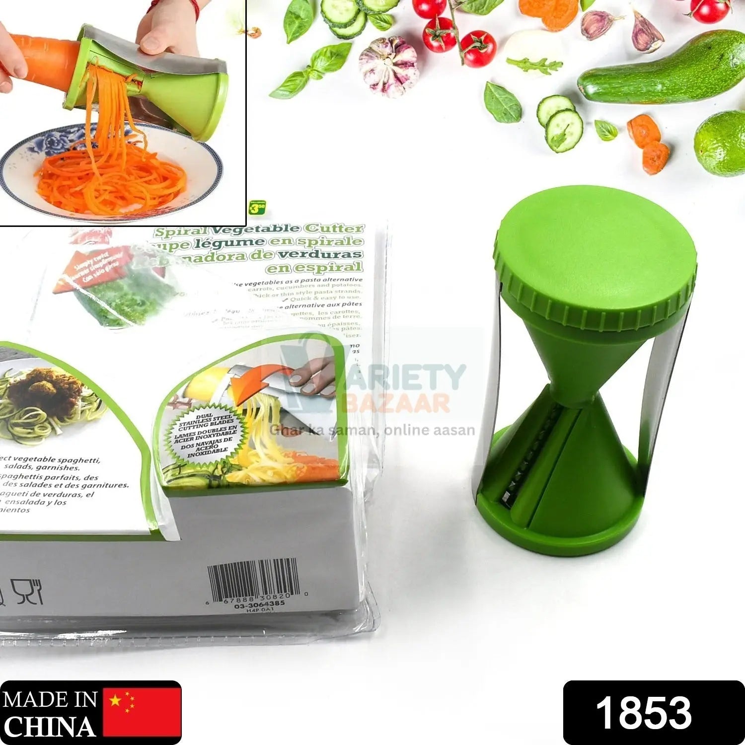 Portable vegetable spiralizer for making salad and fruit slices, stainless steel.