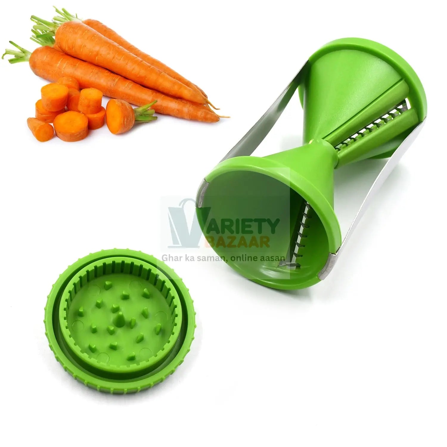 Stainless steel spiralizer for slicing vegetables and fruits, compact and portable.