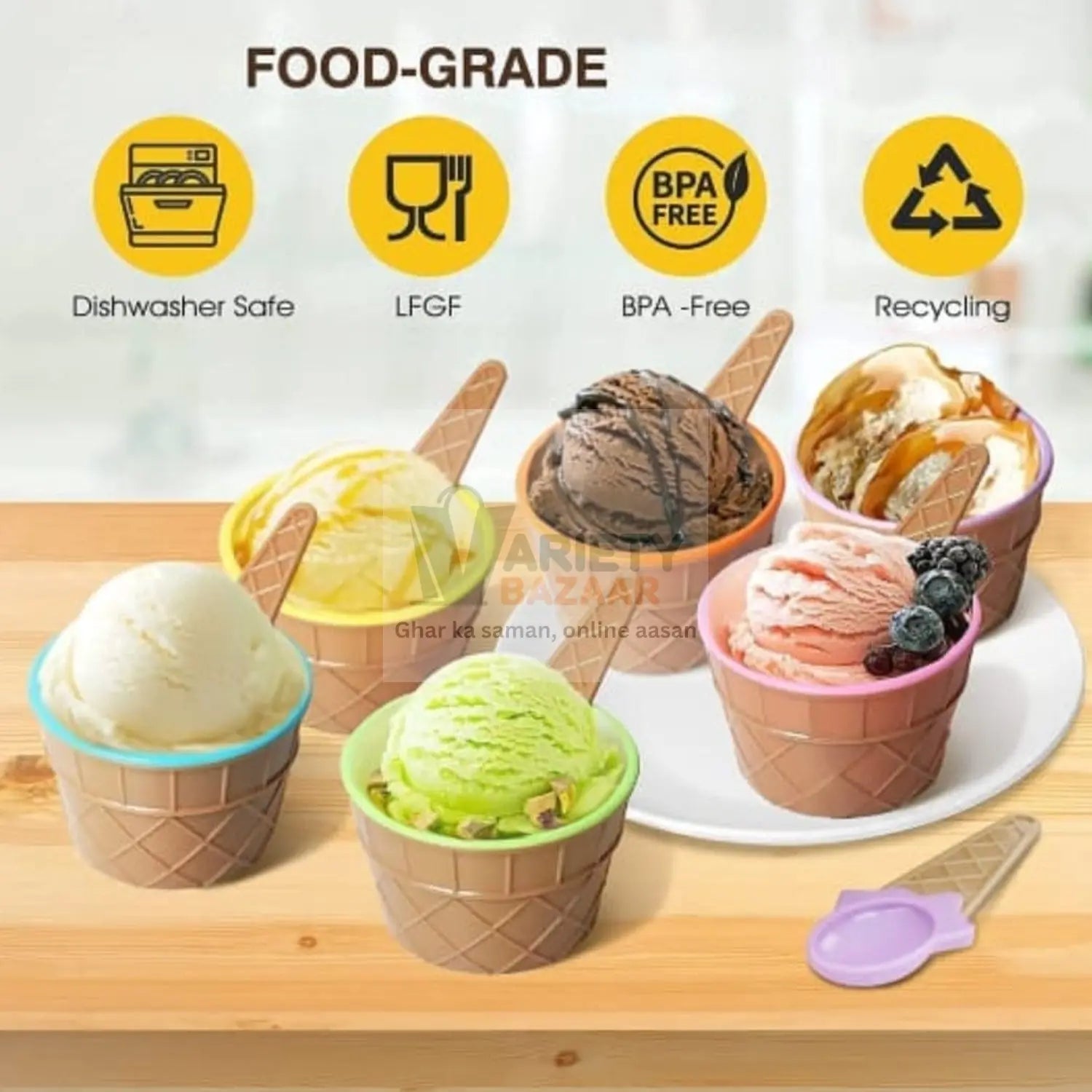 Premium Ice Cream Waffle Spoon Bowl Set (6-Piece , Color Box) Variety Bazaar