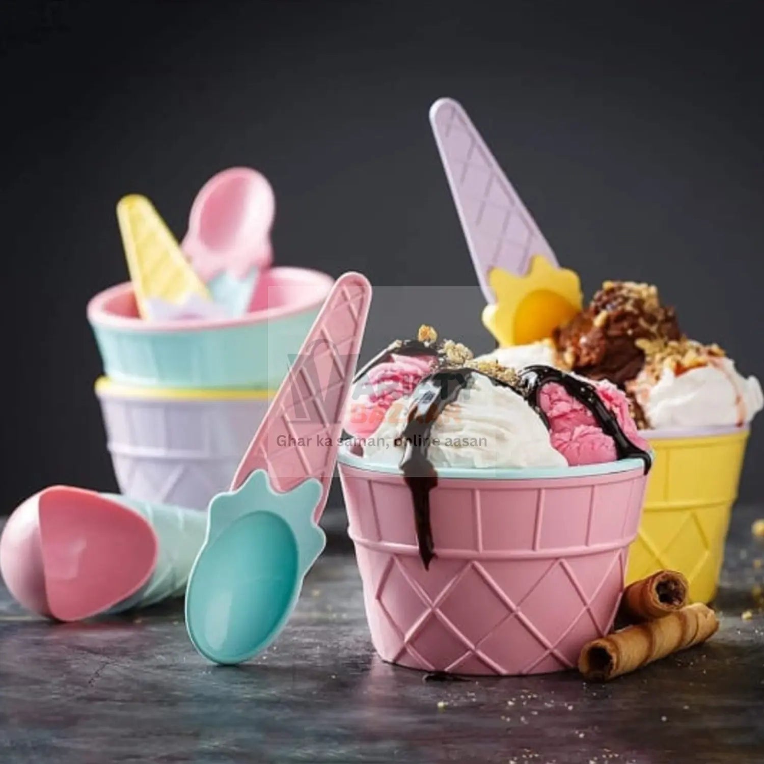 Premium Ice Cream Waffle Spoon Bowl Set (6-Piece , Color Box) Variety Bazaar