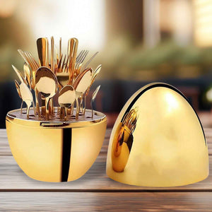 10010 Premium Cutlery Set 24 Pcs With Oval Shaped Stand Beautiful Stylish Oval Designed Cutlery Sets Egg-shaped Luxury Spoon Holder Set (Golden 24 Pcs Set)