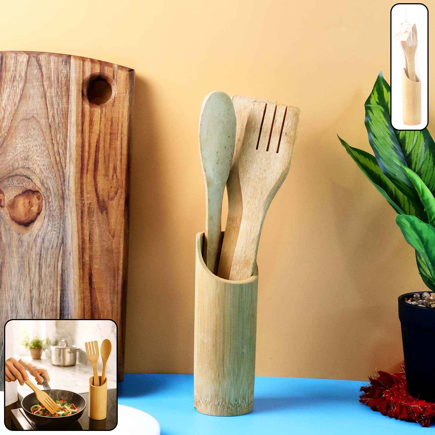 Eco-friendly Bamboo Spatula Set With Holder (4 Pc)