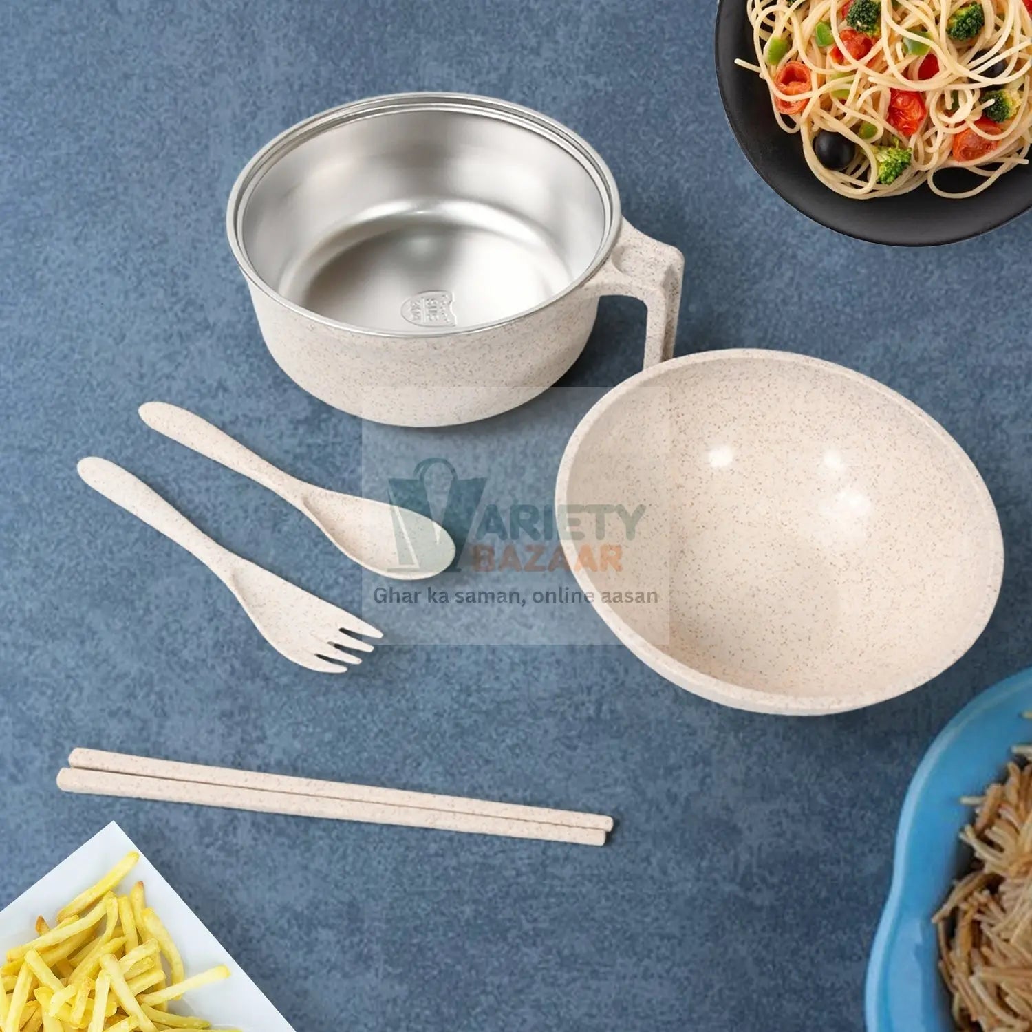 Rice Bowl Noodle Set – 6 Pcs with Lid, Handle & Cutlery Variety Bazaar