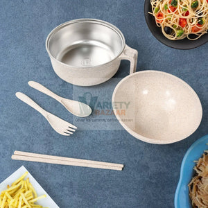 Rice Bowl Noodle Set – 6 Pcs with Lid, Handle & Cutlery Variety Bazaar