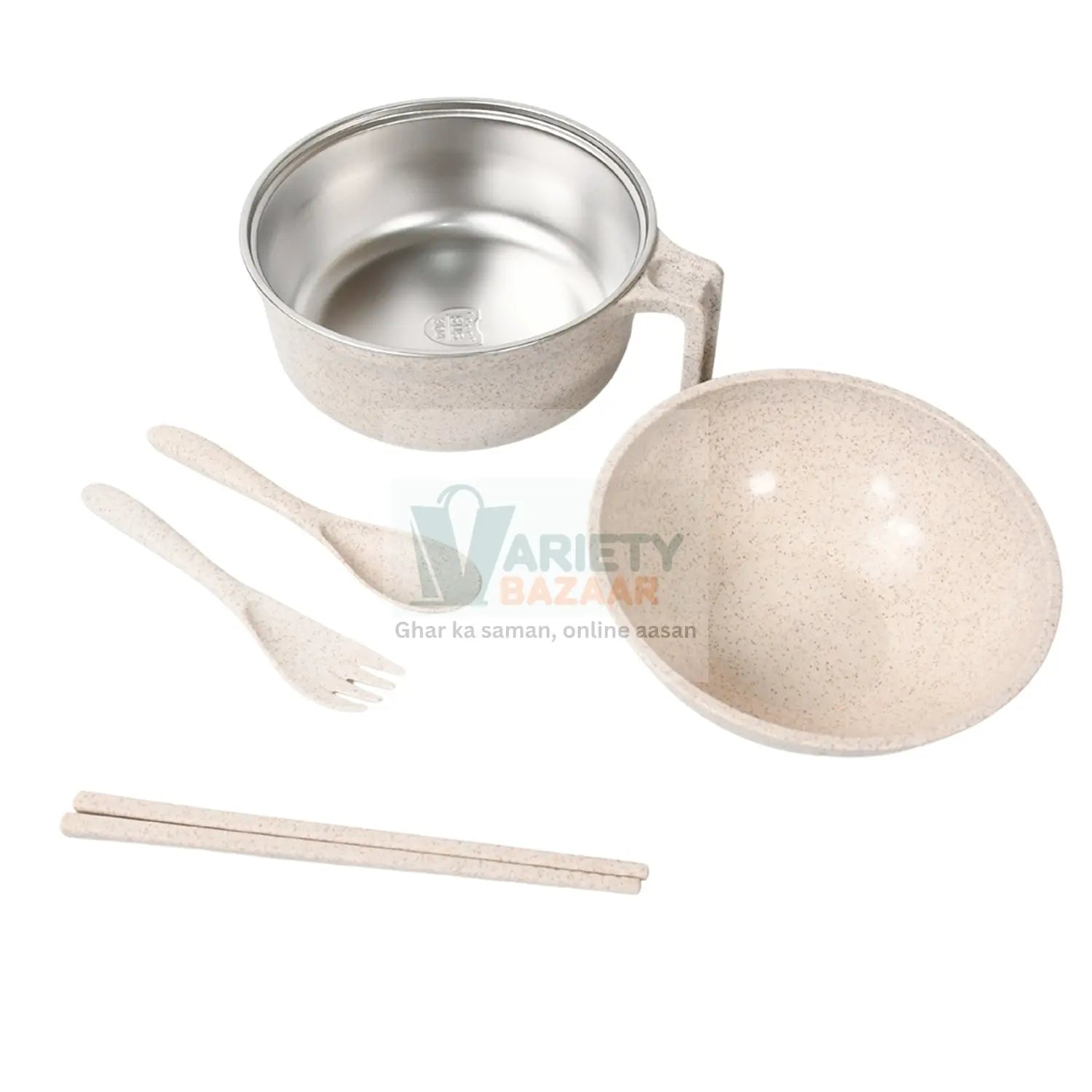 Rice Bowl Noodle Set – 6 Pcs with Lid, Handle & Cutlery Variety Bazaar