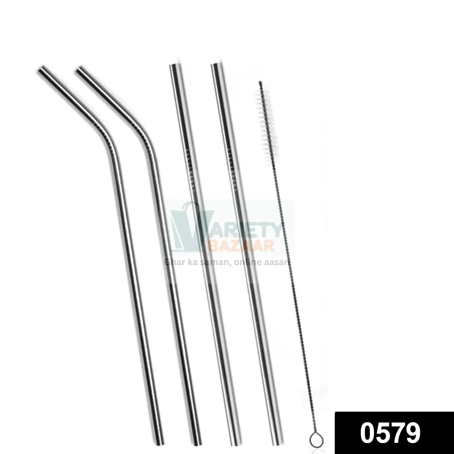 Set of 4 Stainless Steel Straws & Brush (2 Straight straws, 2 Bent straws, 1 Brush) Variety Bazaar