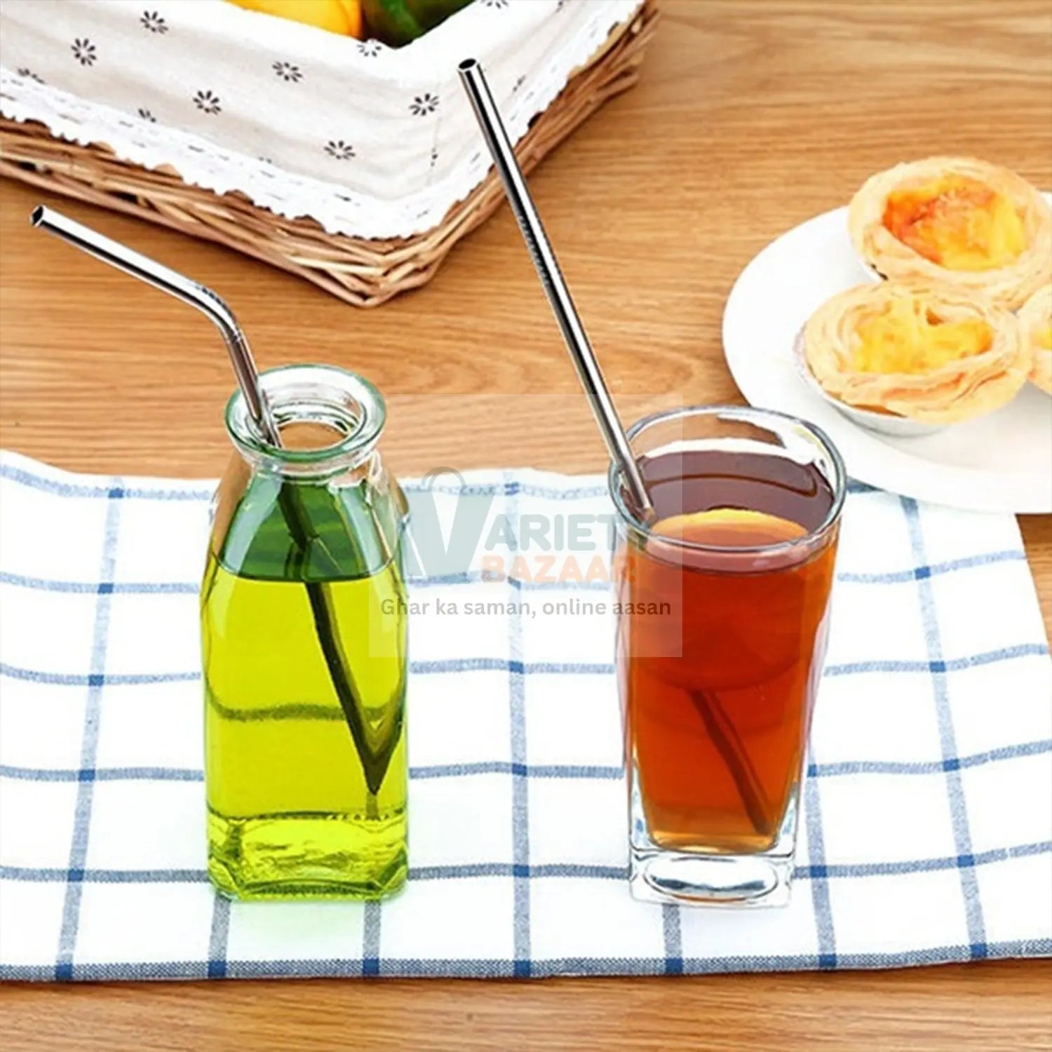 Set of 4 Stainless Steel Straws & Brush (2 Straight straws, 2 Bent straws, 1 Brush) Variety Bazaar