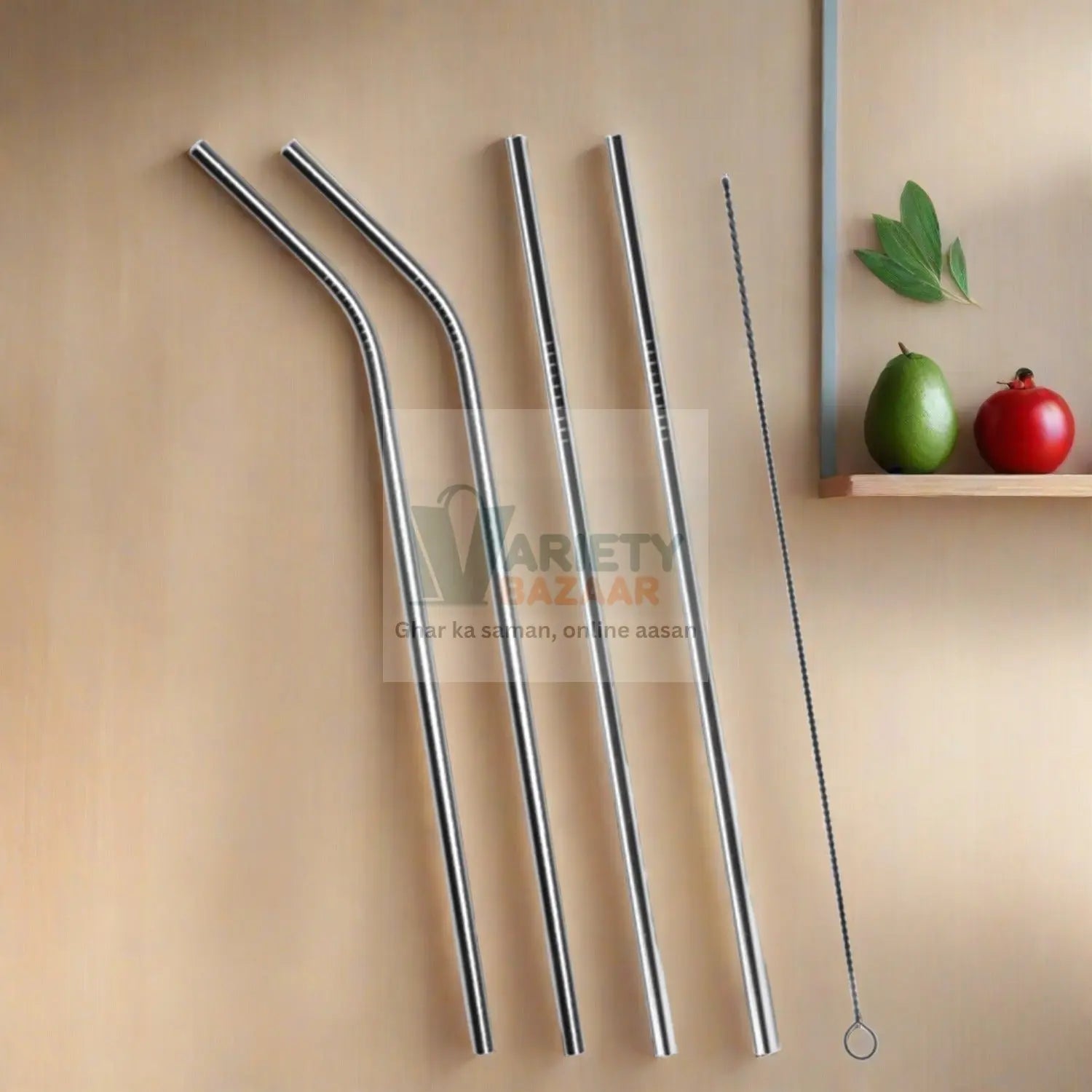 Set of 4 Stainless Steel Straws & Brush (2 Straight straws, 2 Bent straws, 1 Brush) Variety Bazaar