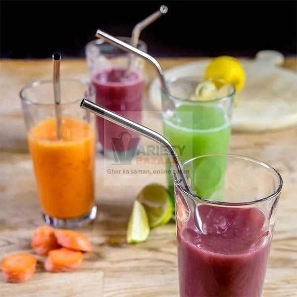 Set of 4 Stainless Steel Straws & Brush (2 Straight straws, 2 Bent straws, 1 Brush) Variety Bazaar