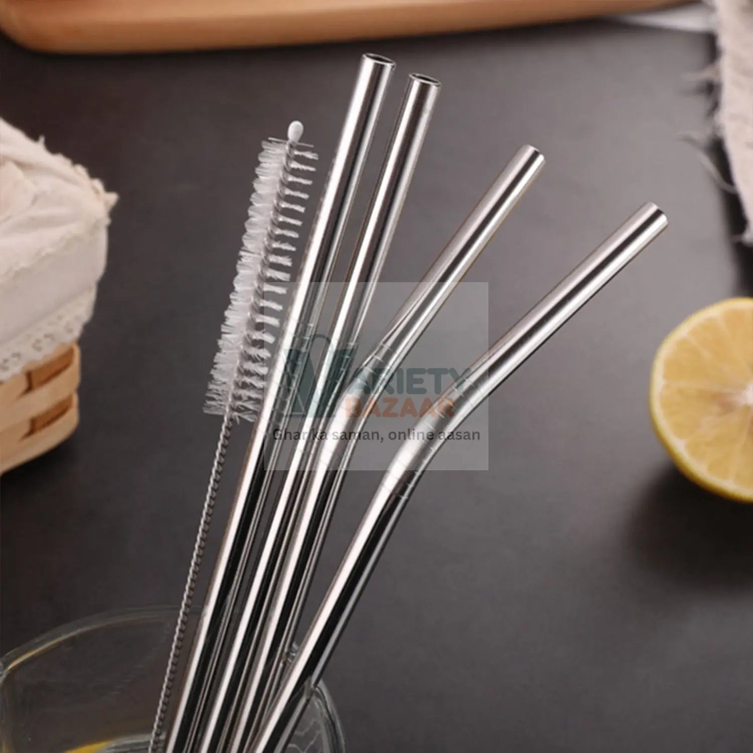 Set of 4 Stainless Steel Straws & Brush (2 Straight straws, 2 Bent straws, 1 Brush) Variety Bazaar
