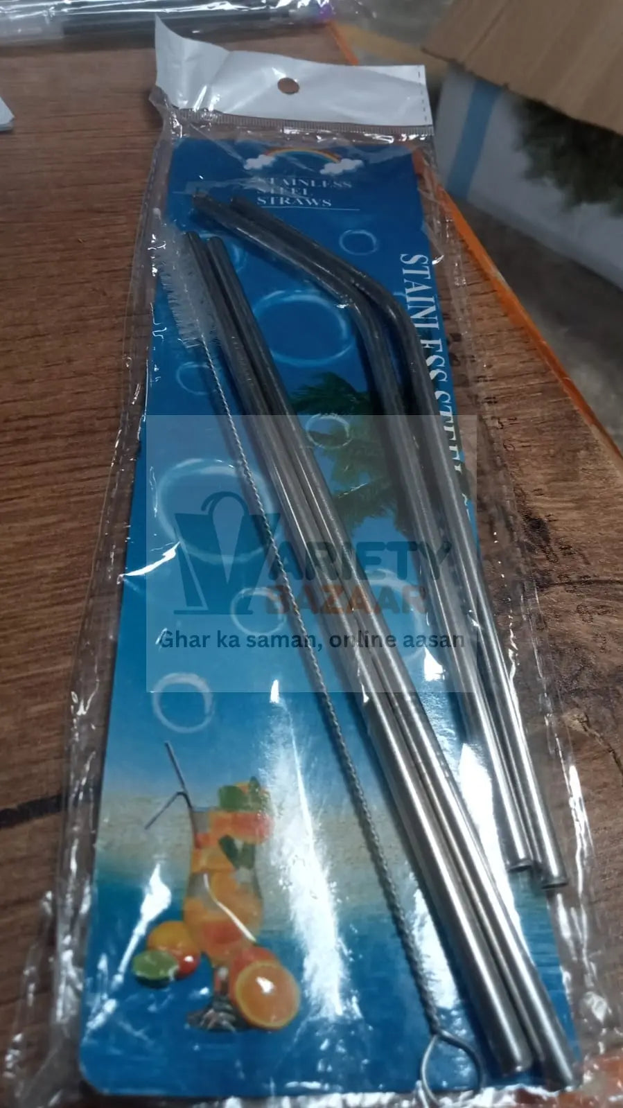 Set of 4 Stainless Steel Straws & Brush (2 Straight straws, 2 Bent straws, 1 Brush) Variety Bazaar