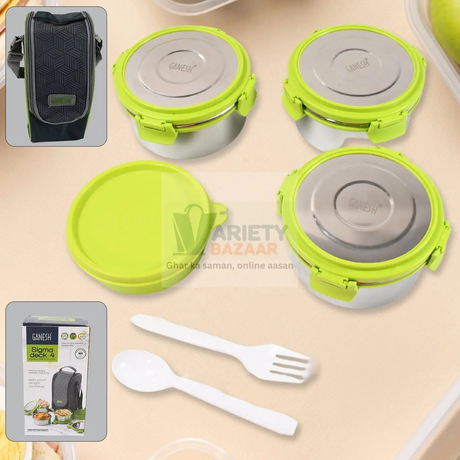 Stainless Steel Tiffin Lunch Box Container / Dabba with 4 Side Clip Lock Lid for Office & School Use/ Food Grade / Air Tight / Easy to Carry / Leak Proof Variety Bazaar