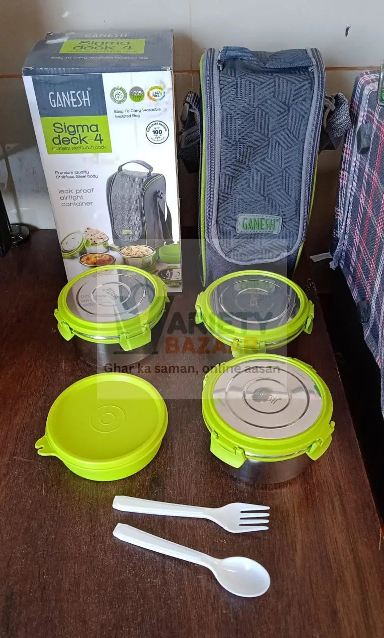 Stainless Steel Tiffin Lunch Box Container / Dabba with 4 Side Clip Lock Lid for Office & School Use/ Food Grade / Air Tight / Easy to Carry / Leak Proof Variety Bazaar