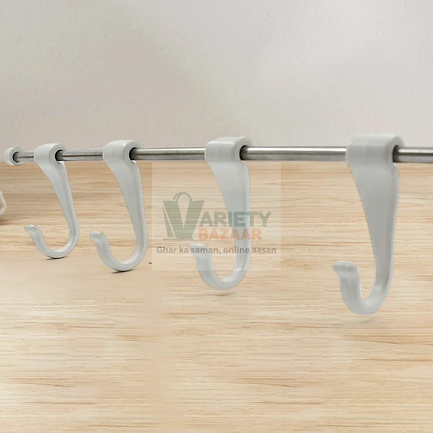 Stainless Steel Utensil Hanger Rail Nail Free Wall Mount with 2 Magic Stickers & 6 Plastic Hooks For Kitchen Variety Bazaar