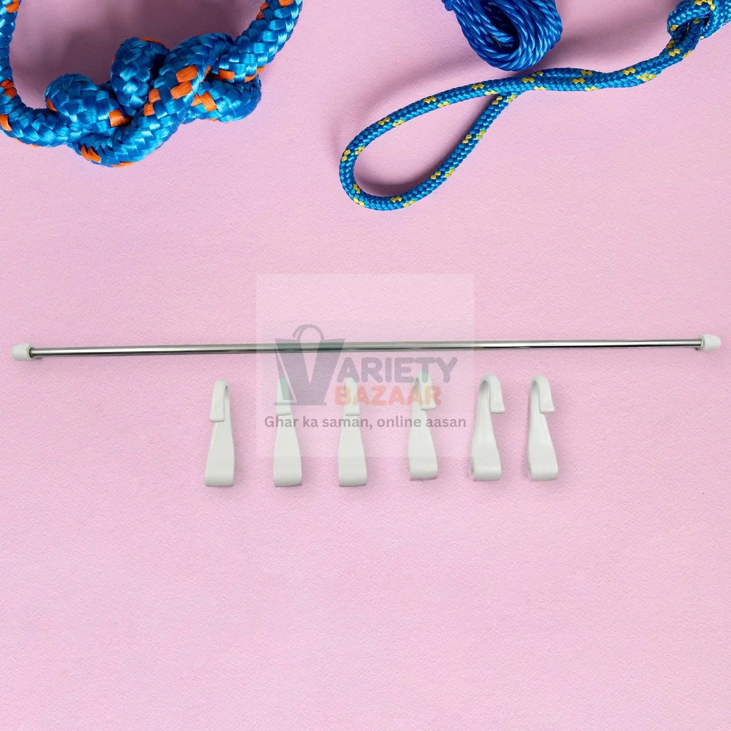 Stainless Steel Utensil Hanger Rail Nail Free Wall Mount with 2 Magic Stickers & 6 Plastic Hooks For Kitchen Variety Bazaar