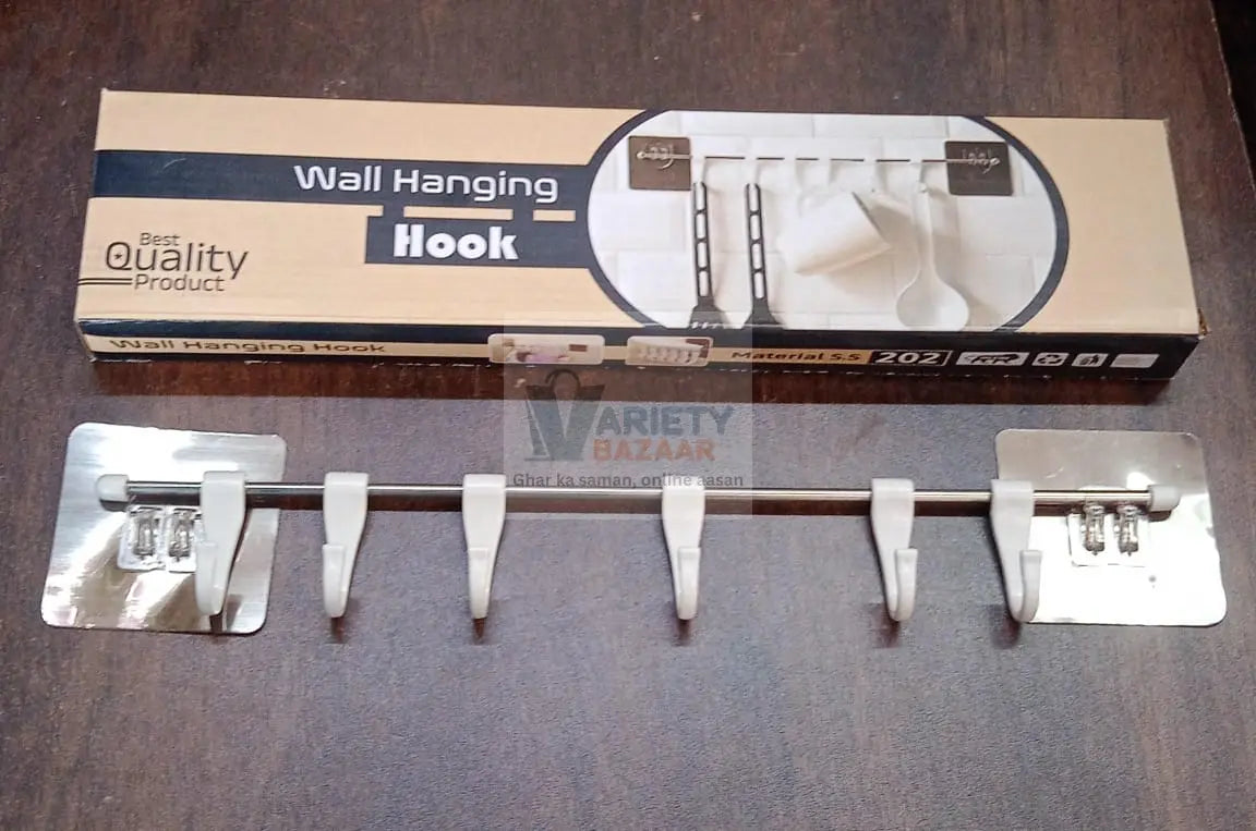 Stainless Steel Utensil Hanger Rail Nail Free Wall Mount with 2 Magic Stickers & 6 Plastic Hooks For Kitchen Variety Bazaar