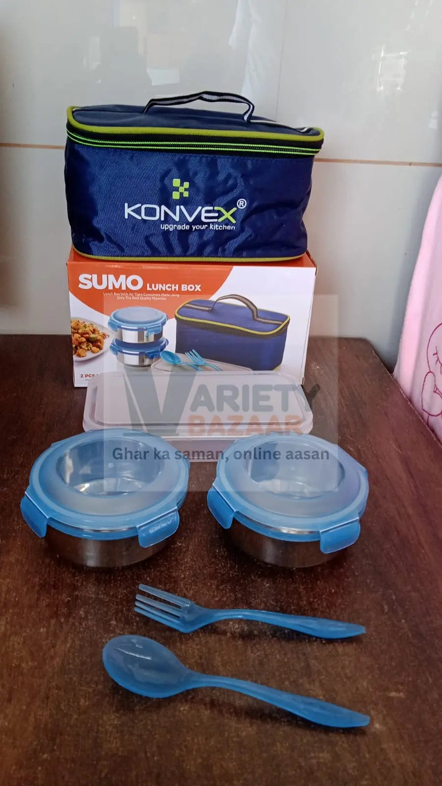 Sumo Lunch Box, with Lunch Bag, Plastic Lunch Box & Plastic Spoon, Fork (2 Pc Set / With Lunch Box) Variety Bazaar