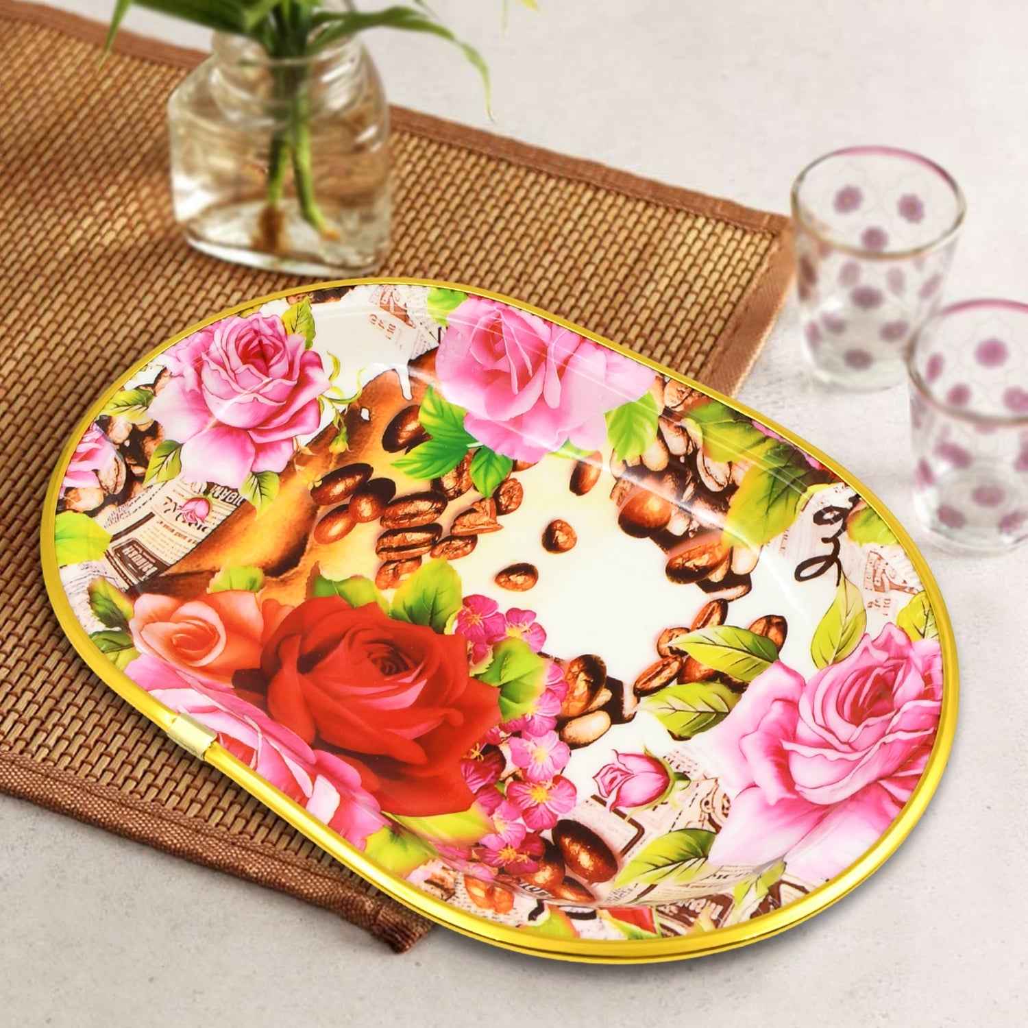Plastic Flower Printed Design Serving Tray (3 Pcs Set Mix Color)