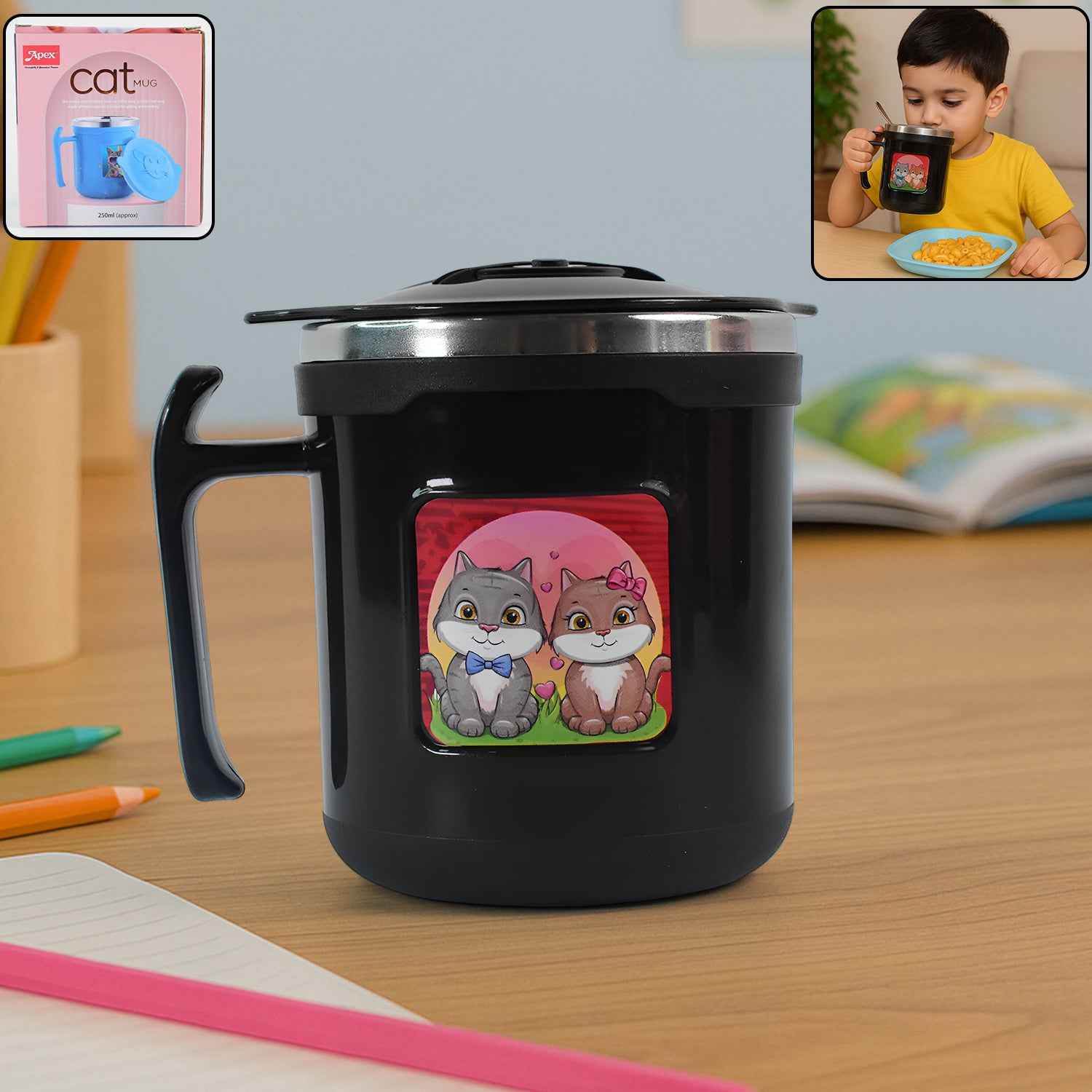 1 Pc Apex Cat Mug 250 Ml Stainless Steel Insulated Inner With Cute Cat Print
