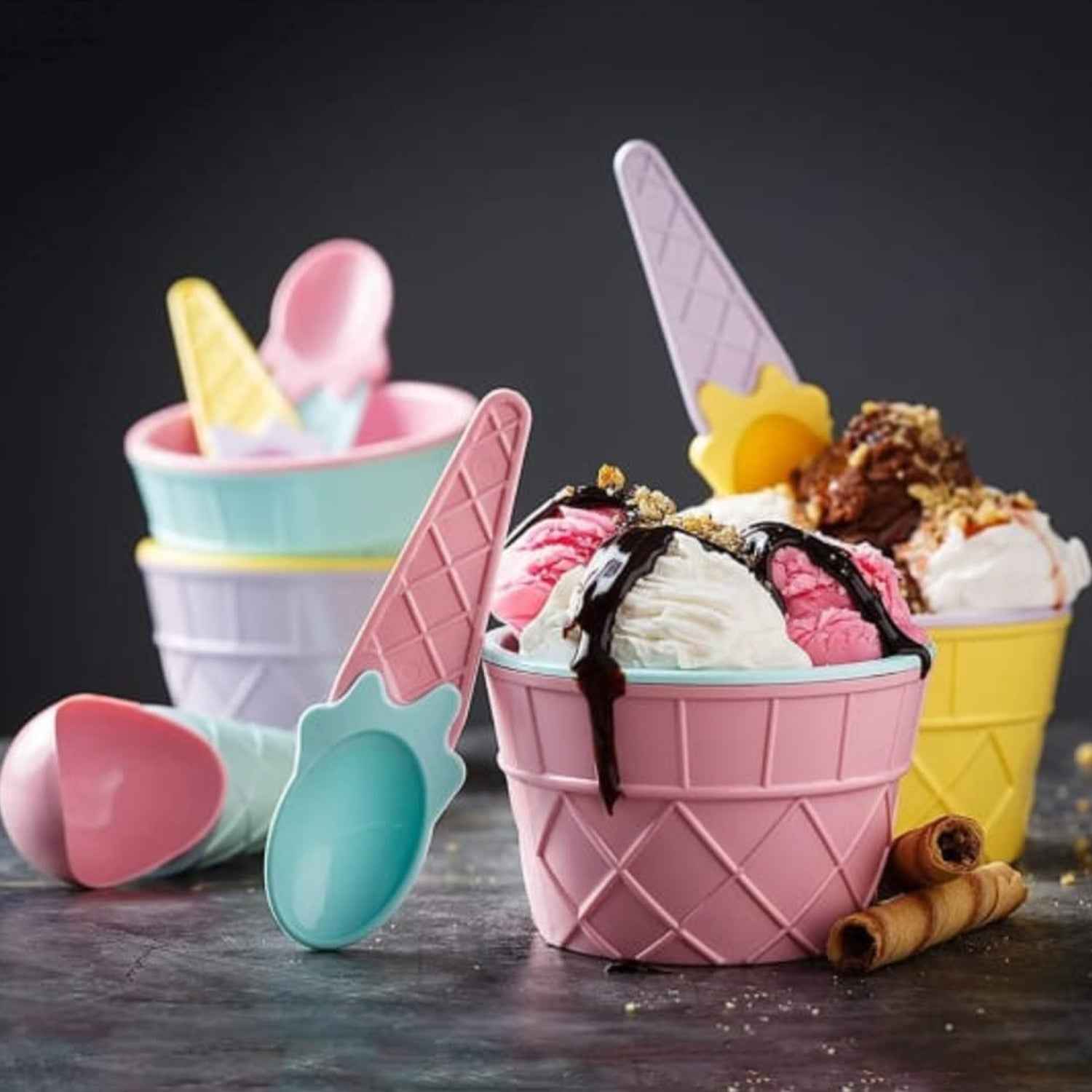 5322 Ice-cream Waffle Spoon Bowel Cup Set Premium Ice Cream Set Ice-cream Bowel With Spoon 6 Units Couple Bowl Set Color Box